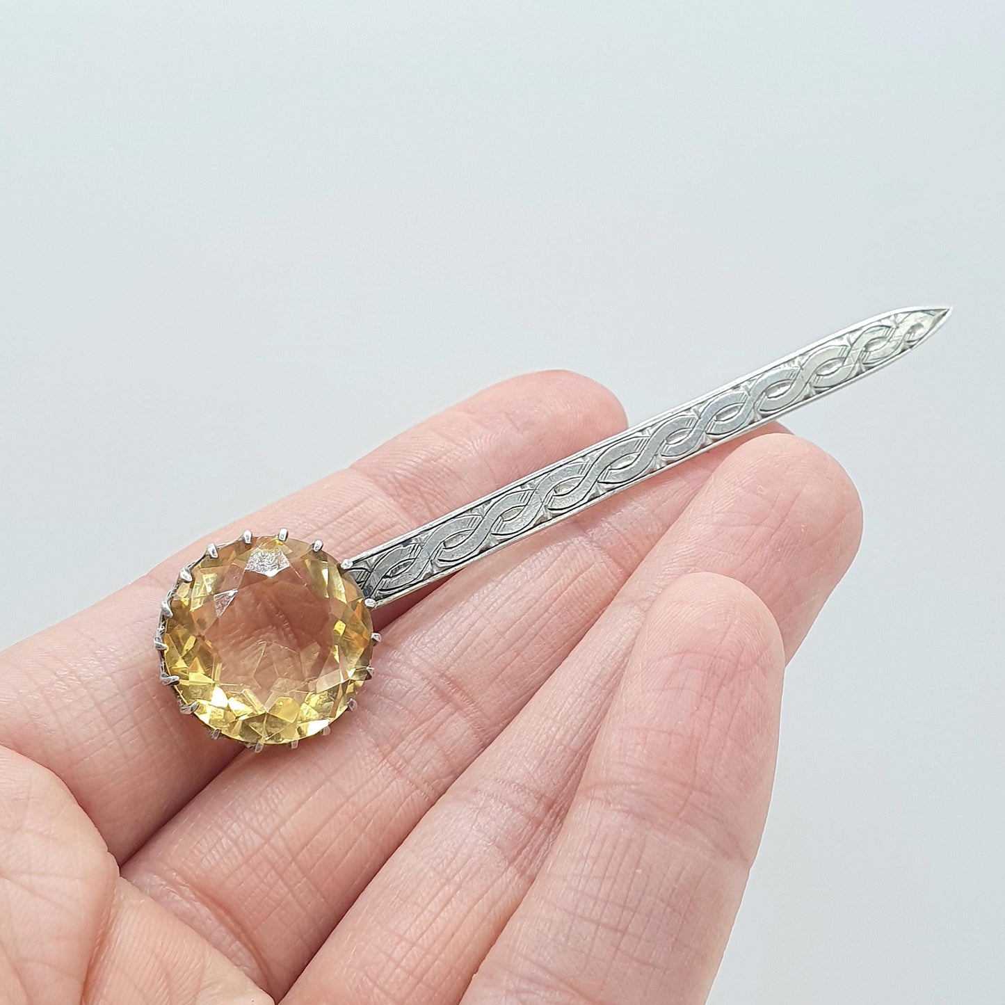 Antique Natural Citrine Sterling Silver Scottish Brooch Celtic Knot Engraving Orange Gemstones Vintage Womens Jewelry Jewellery Mens
