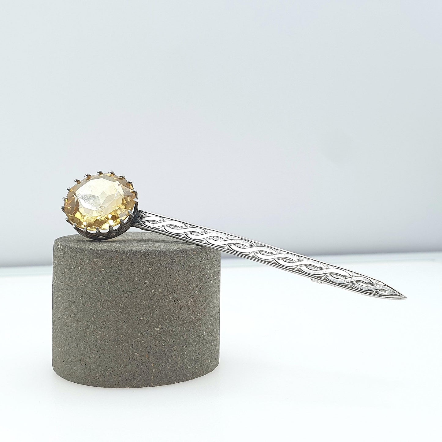Antique Natural Citrine Sterling Silver Scottish Brooch Celtic Knot Engraving Orange Gemstones Vintage Womens Jewelry Jewellery Mens