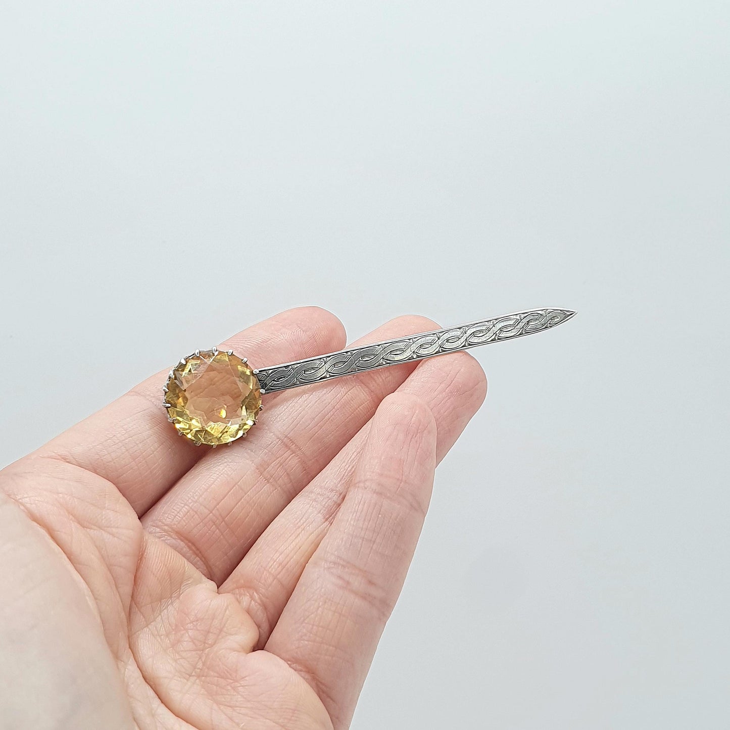 Antique Natural Citrine Sterling Silver Scottish Brooch Celtic Knot Engraving Orange Gemstones Vintage Womens Jewelry Jewellery Mens