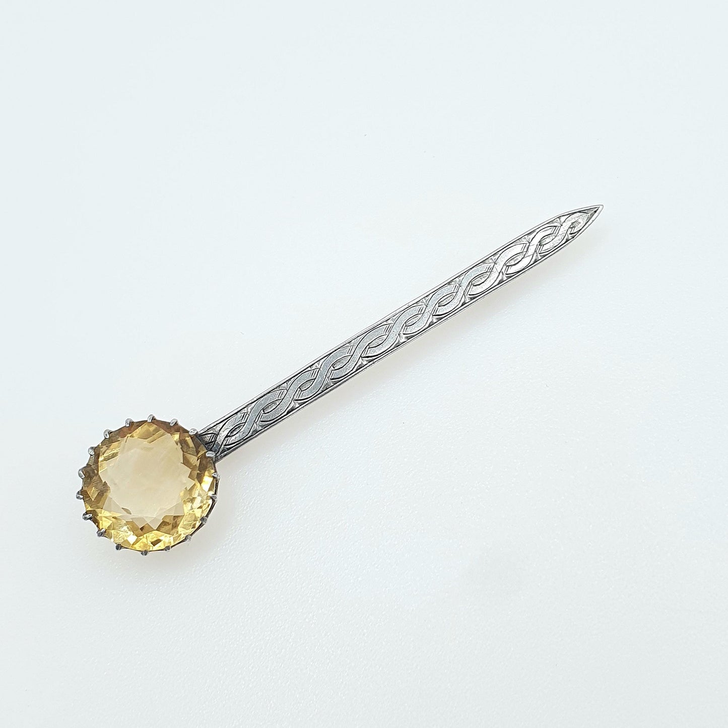 Antique Natural Citrine Sterling Silver Scottish Brooch Celtic Knot Engraving Orange Gemstones Vintage Womens Jewelry Jewellery Mens