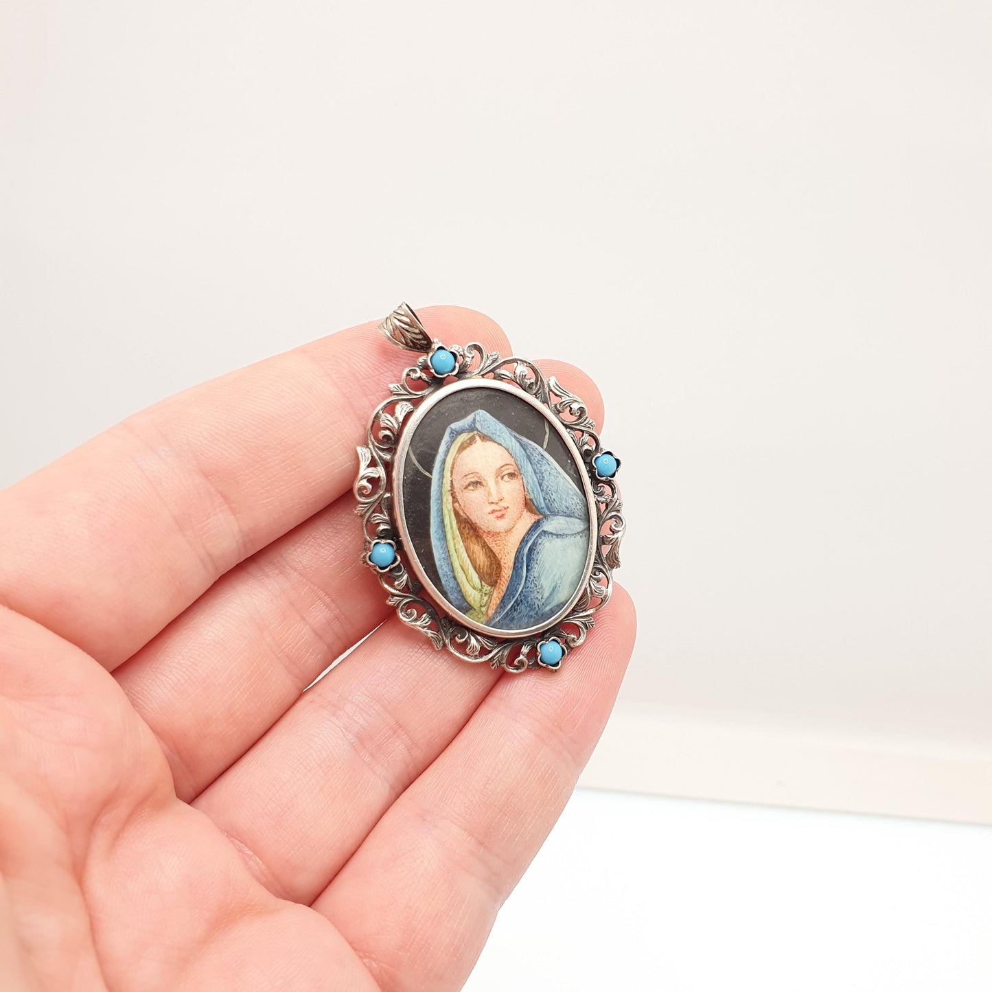 Antique Solid Silver Mother Mary Pendant Necklace Italian Catholic Portrait Faux Turquoise Brooch Vintage Jewelry Jewellery