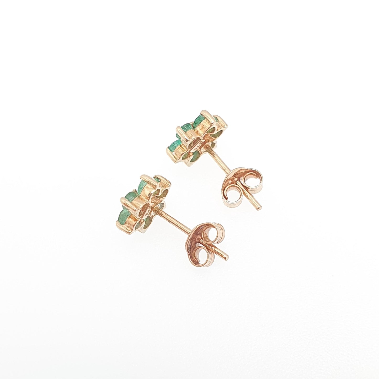 Vintage 9ct Gold Emerald & Diamond Stud Earrings Small Cluster Solid 9k 375 Genuine Gemstone Jewelry Jewellery