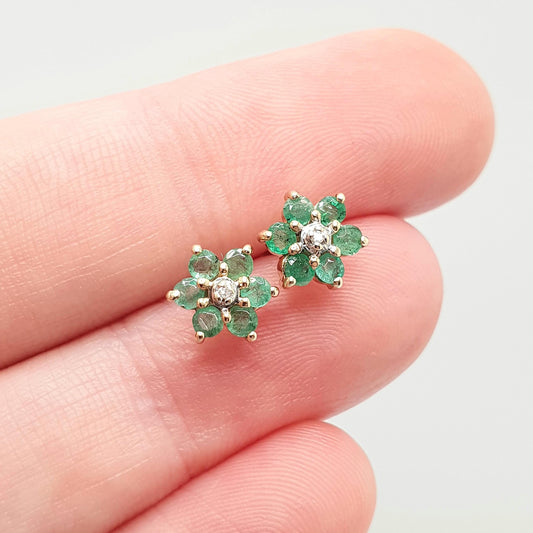 Vintage 9ct Gold Emerald & Diamond Stud Earrings Small Cluster Solid 9k 375 Genuine Gemstone Jewelry Jewellery