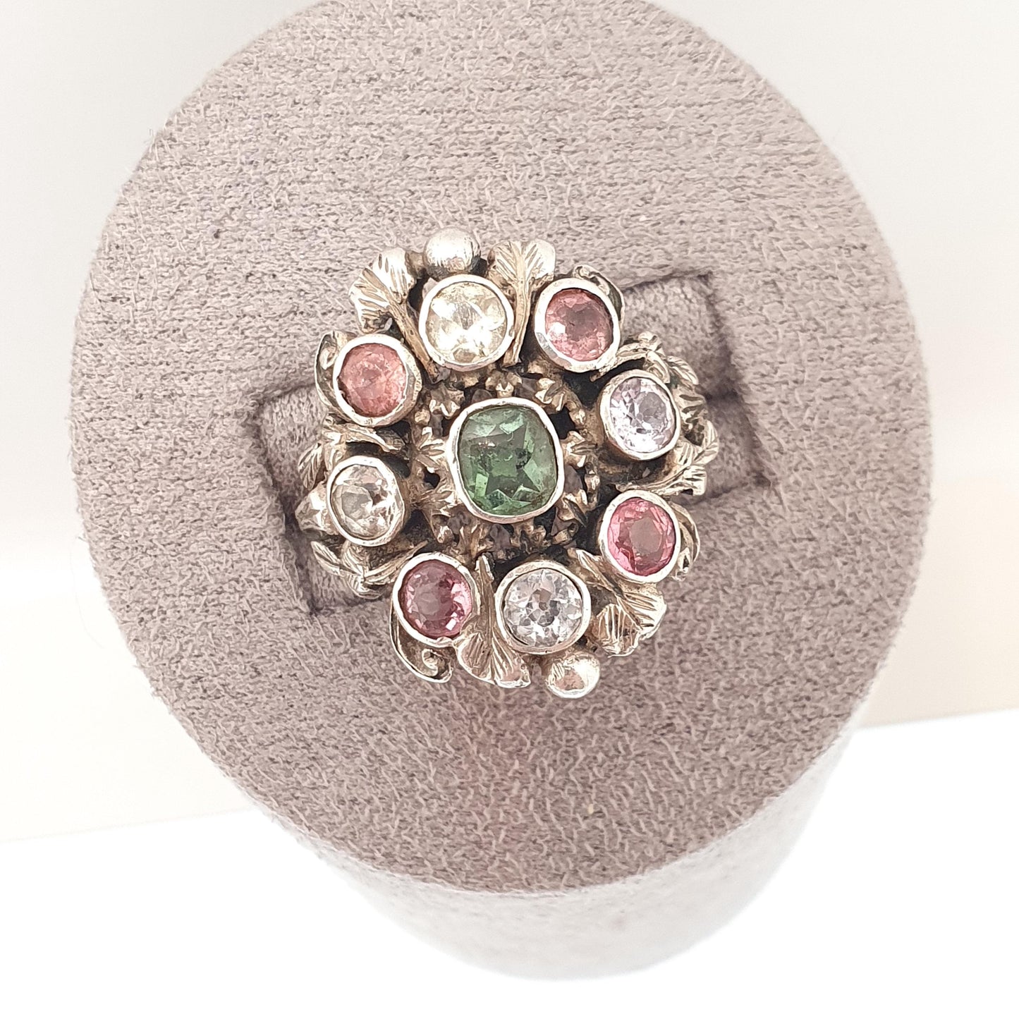 Antique Sterling Silver Emerald Ring Austro Hungarian White Sapphire & Tourmaline Statement Vintage Womens Jewelry Jewellery