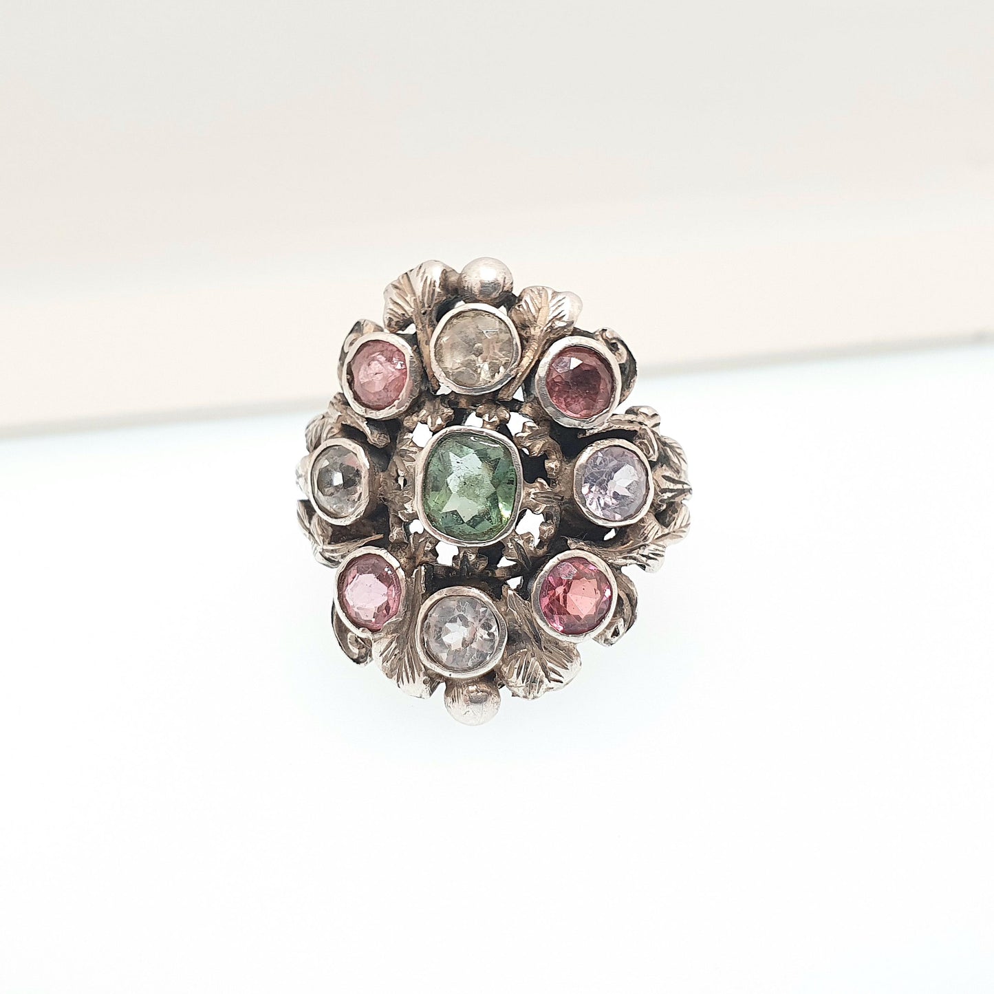 Antique Sterling Silver Emerald Ring Austro Hungarian White Sapphire & Tourmaline Statement Vintage Womens Jewelry Jewellery