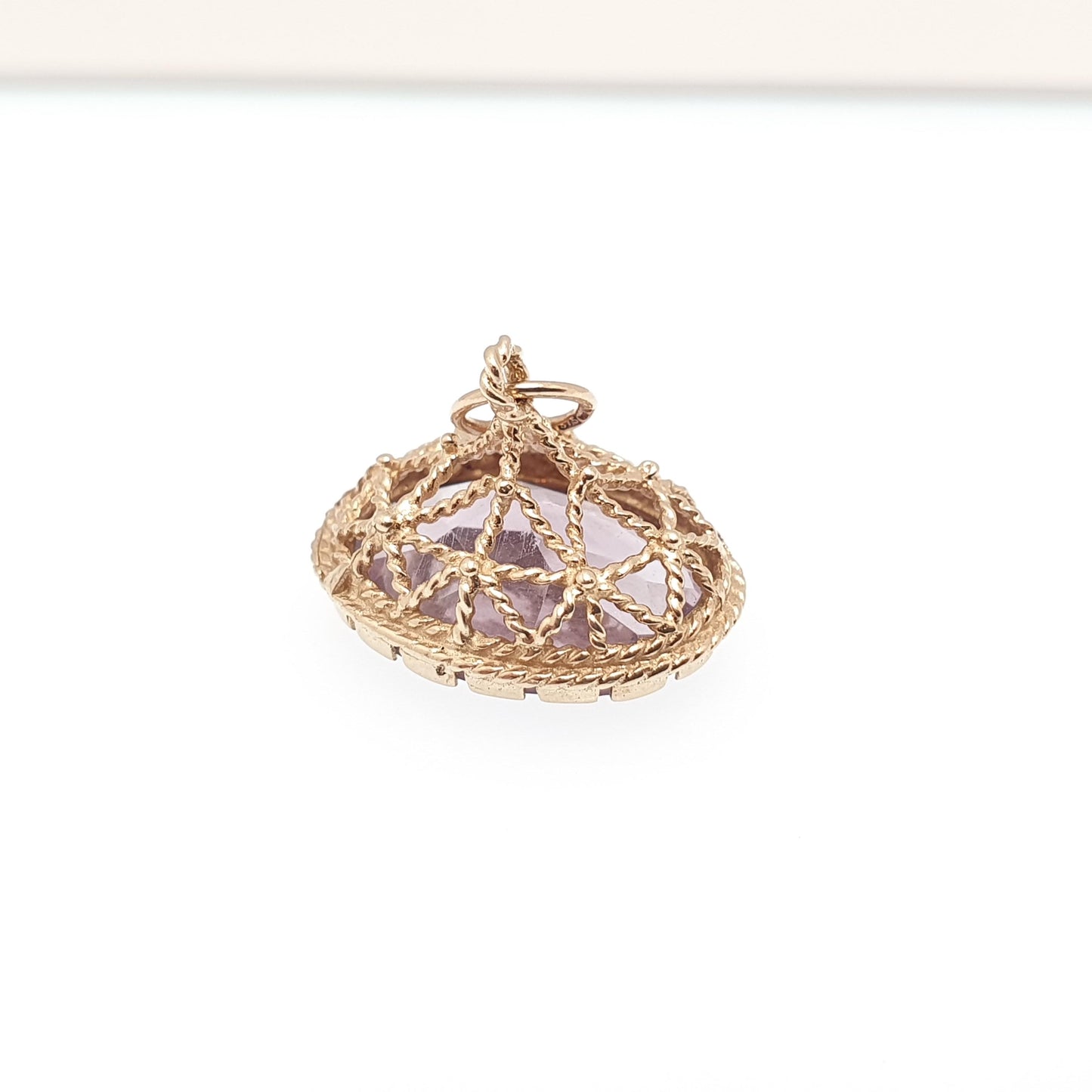 Vintage 9ct 9k Gold Amethyst Fob Pendant Necklace Rope Border Large Big Gemstone Victorian Style Jewellery Jewelry