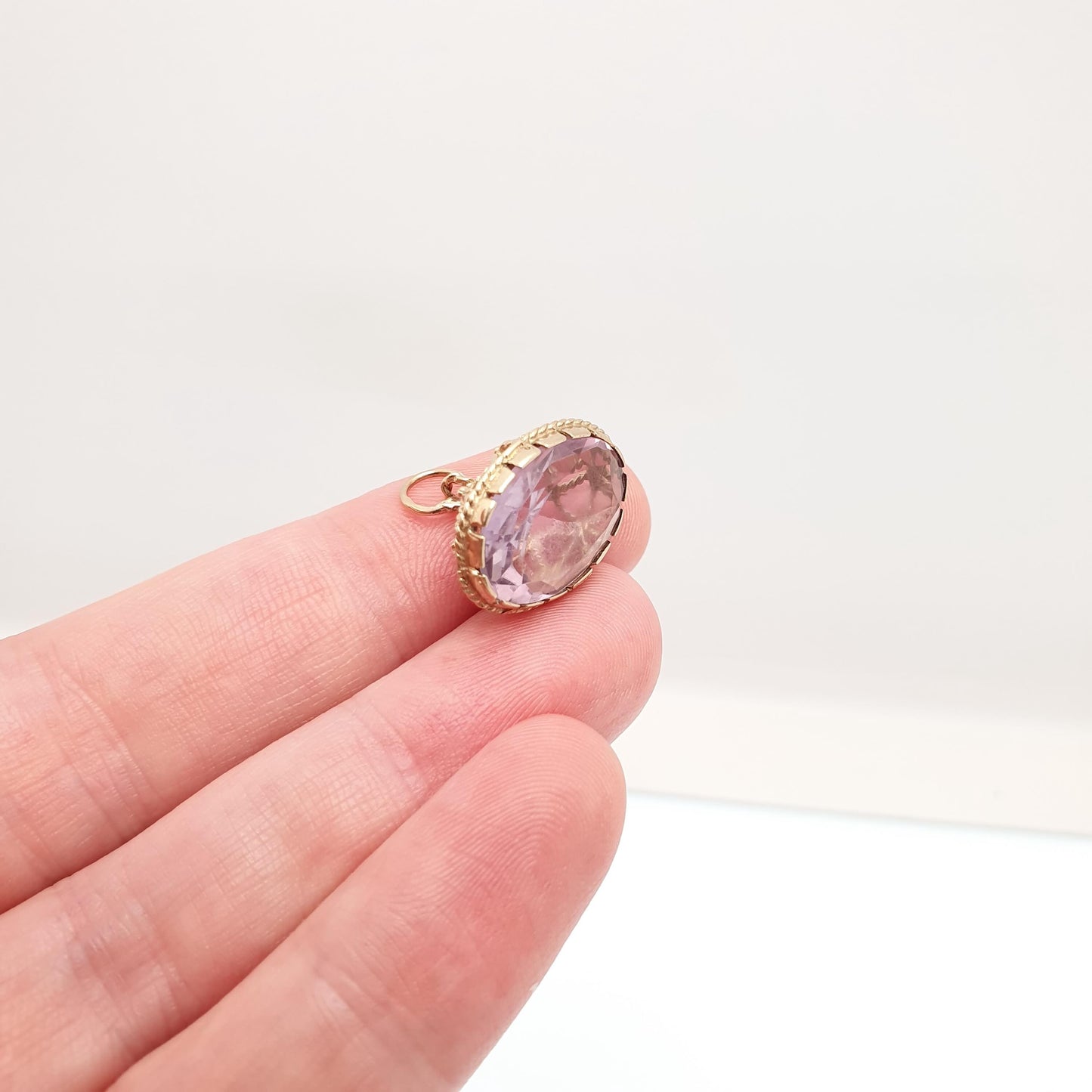 Vintage 9ct 9k Gold Amethyst Fob Pendant Necklace Rope Border Large Big Gemstone Victorian Style Jewellery Jewelry