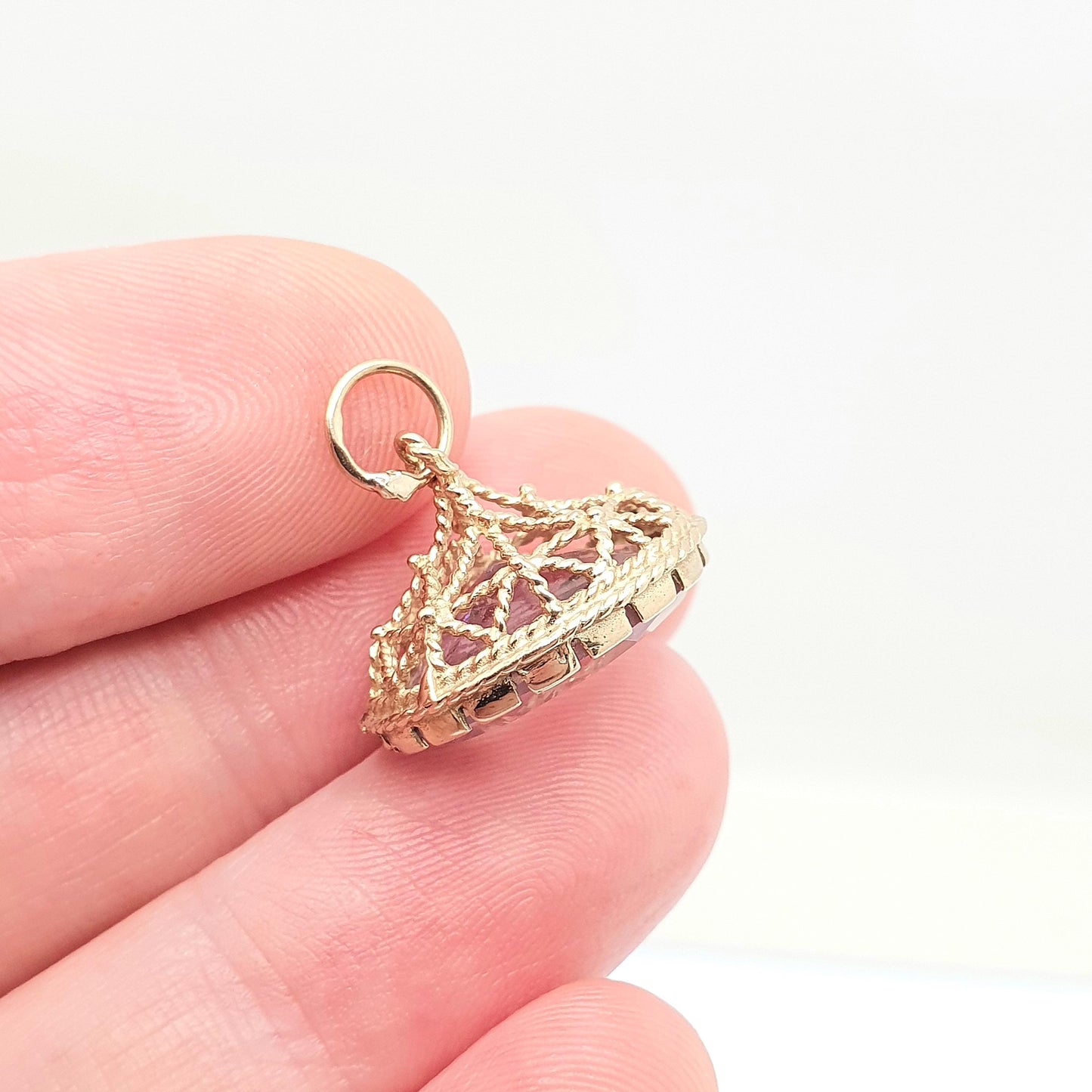 Vintage 9ct 9k Gold Amethyst Fob Pendant Necklace Rope Border Large Big Gemstone Victorian Style Jewellery Jewelry