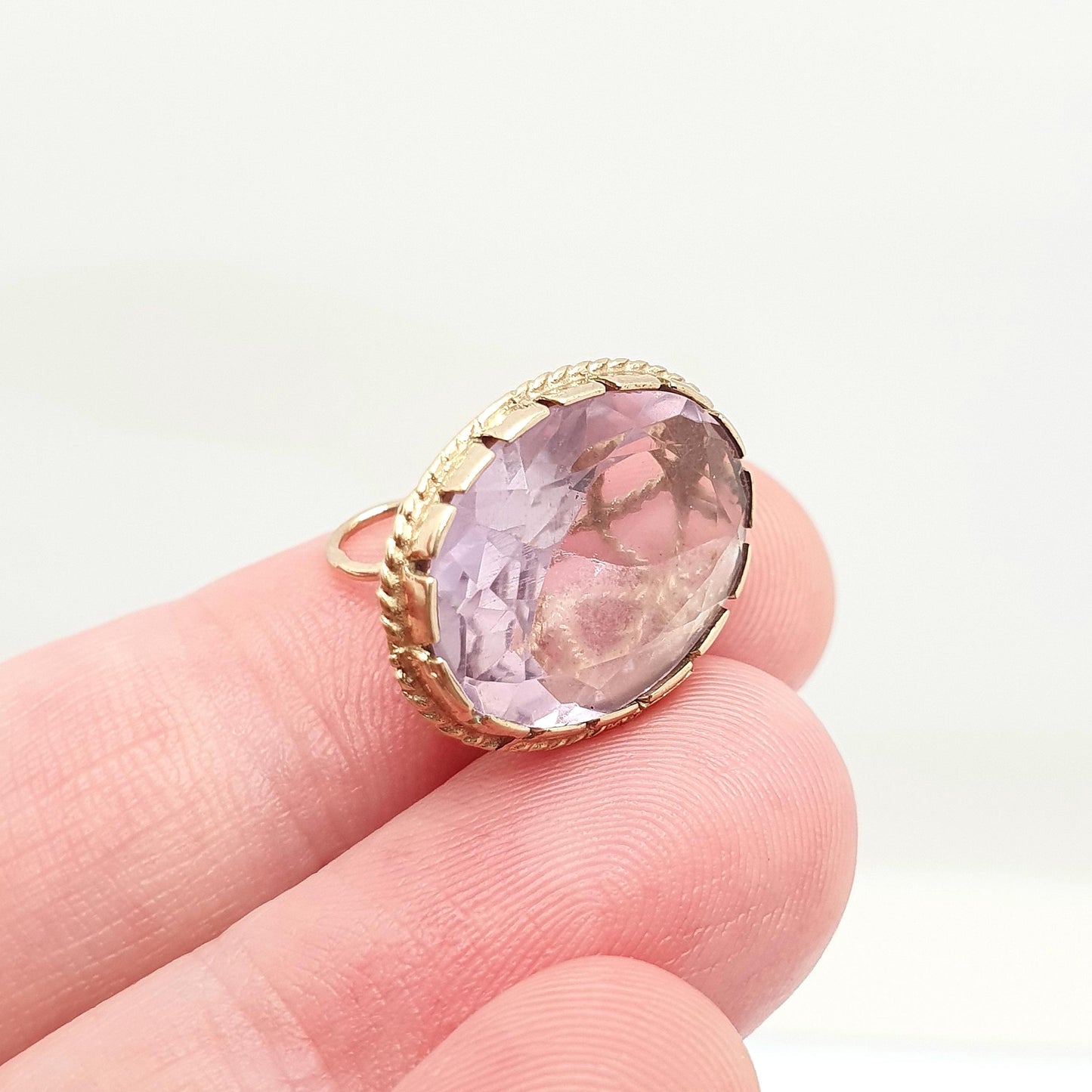 Vintage 9ct 9k Gold Amethyst Fob Pendant Necklace Rope Border Large Big Gemstone Victorian Style Jewellery Jewelry