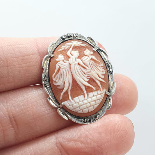 Antique Solid Silver Three Graces Cameo Brooch Pendant Marcasite Shell Goddess Mythology Necklace Vintage Jewelry Jewellery Womens Mens