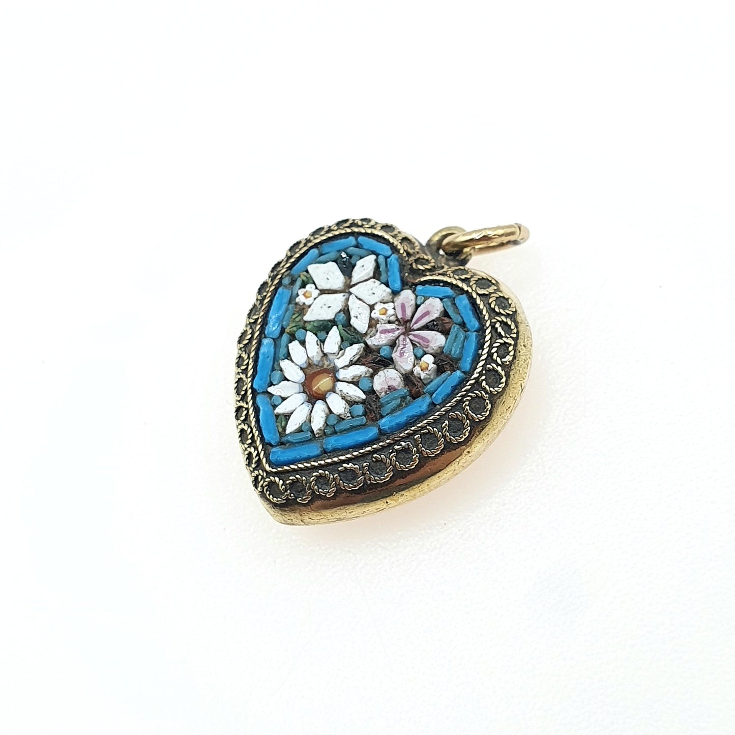 Antique Victorian Micro Mosaic Heart Pendant Gold Gilt Micromosaic Handmade Floral Blue Love Womens Mens Jewelry Jewellery