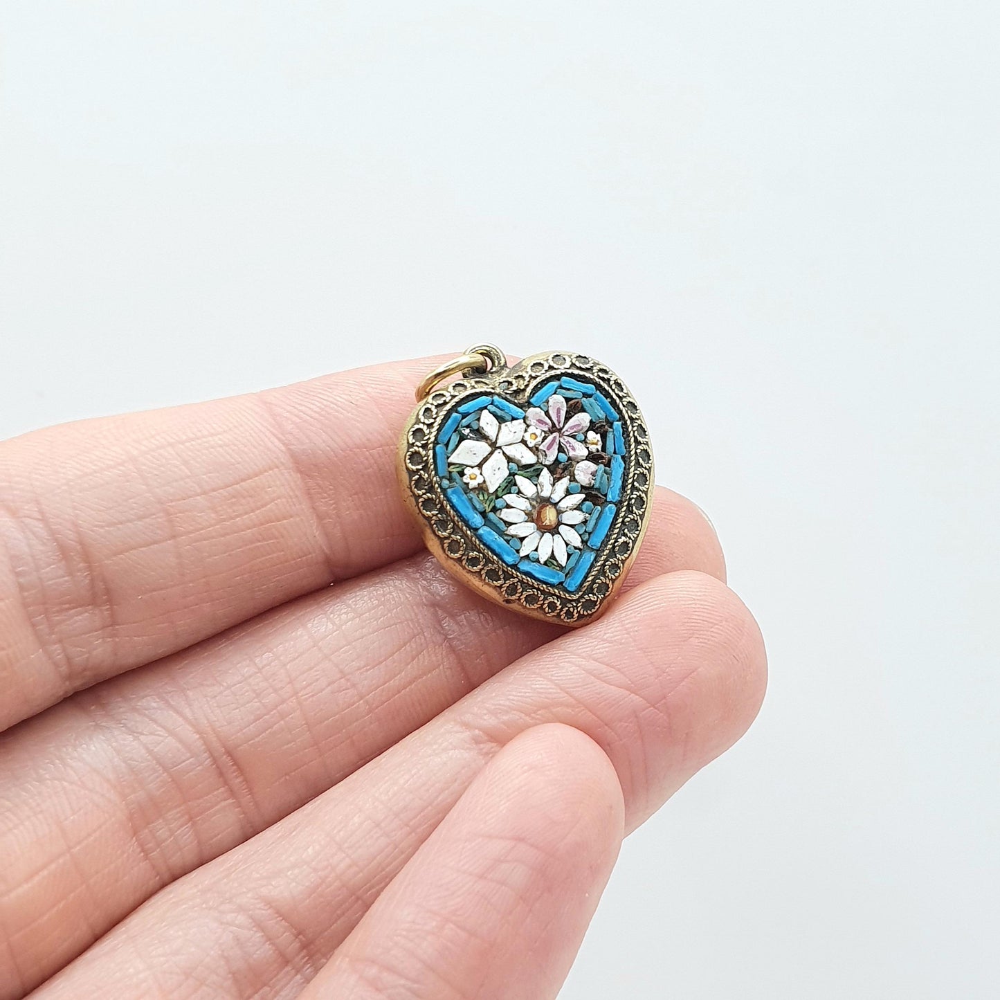 Antique Victorian Micro Mosaic Heart Pendant Gold Gilt Micromosaic Handmade Floral Blue Love Womens Mens Jewelry Jewellery