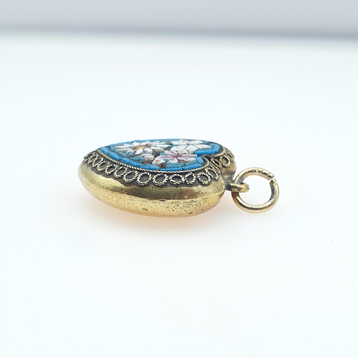 Antique Victorian Micro Mosaic Heart Pendant Gold Gilt Micromosaic Handmade Floral Blue Love Womens Mens Jewelry Jewellery
