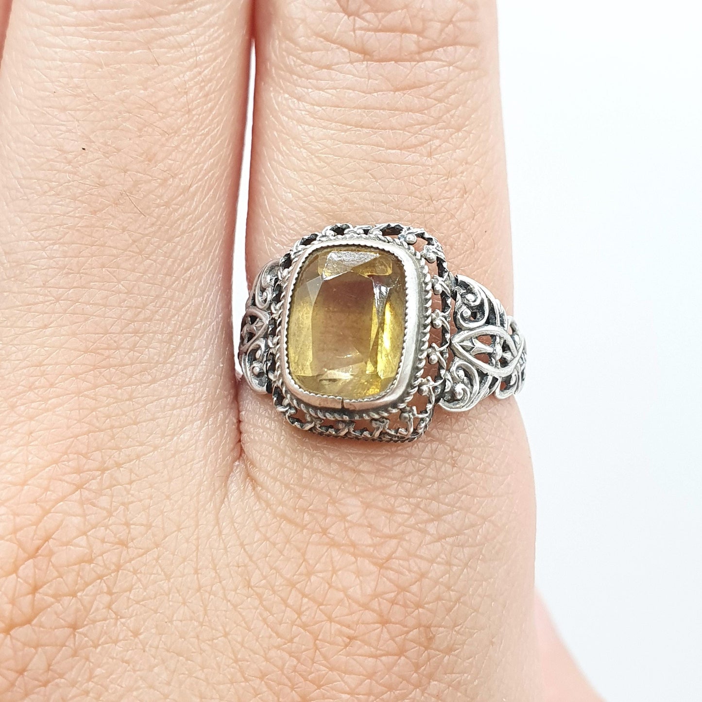 Antique Victorian Solid Silver Citrine Ring Art Nouveau Natural Gemstone Vintage Women Jewellery Jewelry UK S US 9