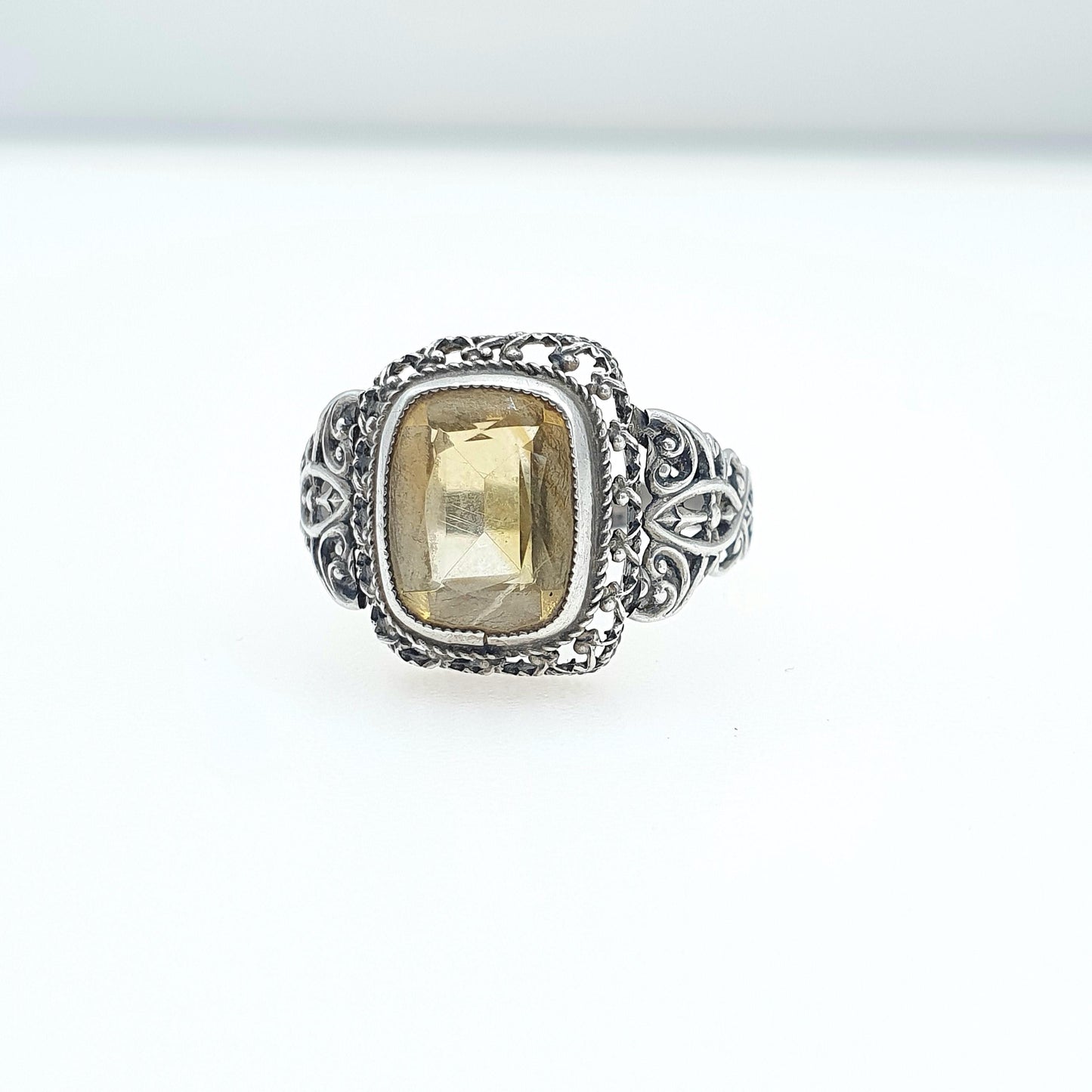 Antique Victorian Solid Silver Citrine Ring Art Nouveau Natural Gemstone Vintage Women Jewellery Jewelry UK S US 9