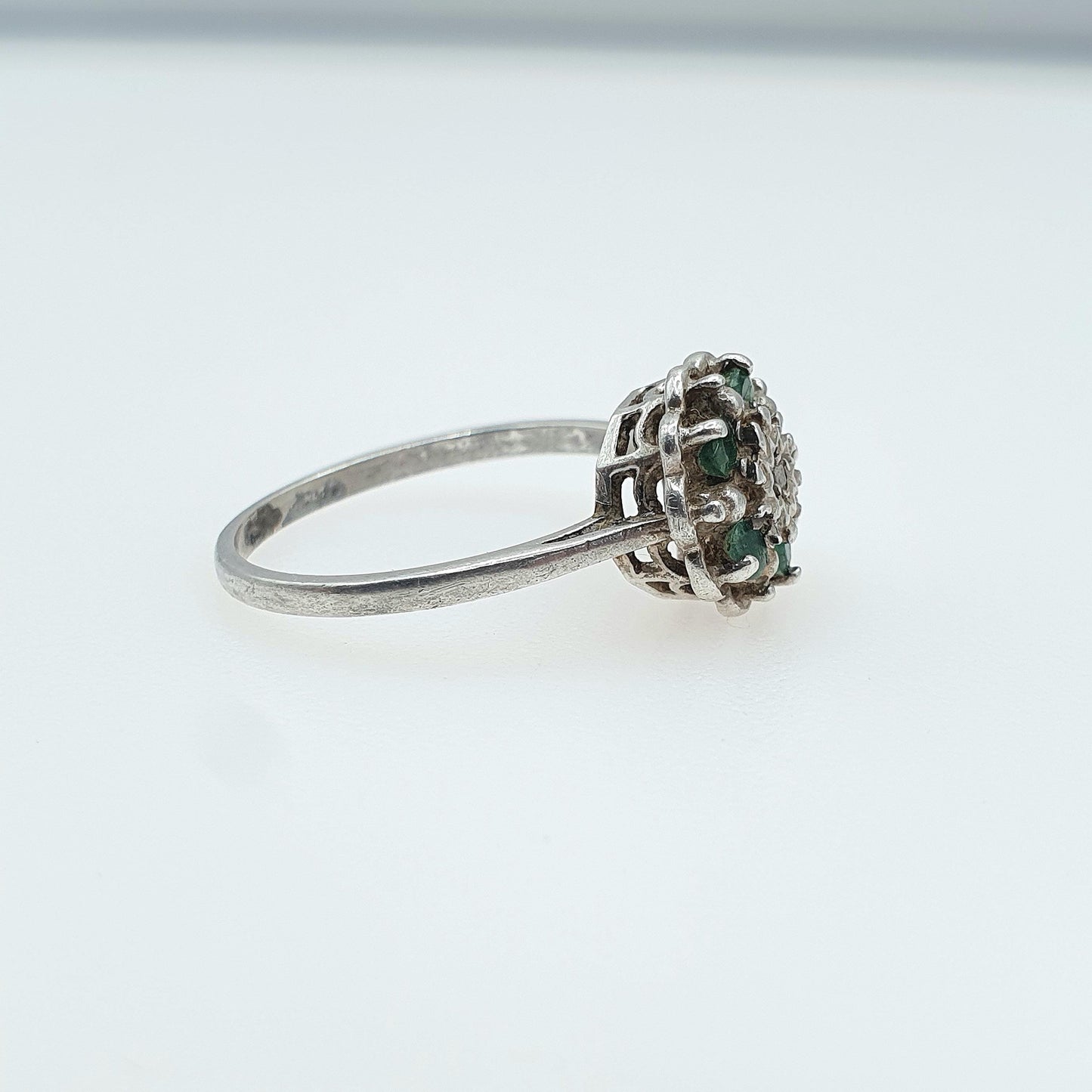 Vintage Sterling Silver Emerald & Diamond Ring Cluster Halo Genuine Gemstones Ladies Womens Jewelry Jewellery UK M US 6.25