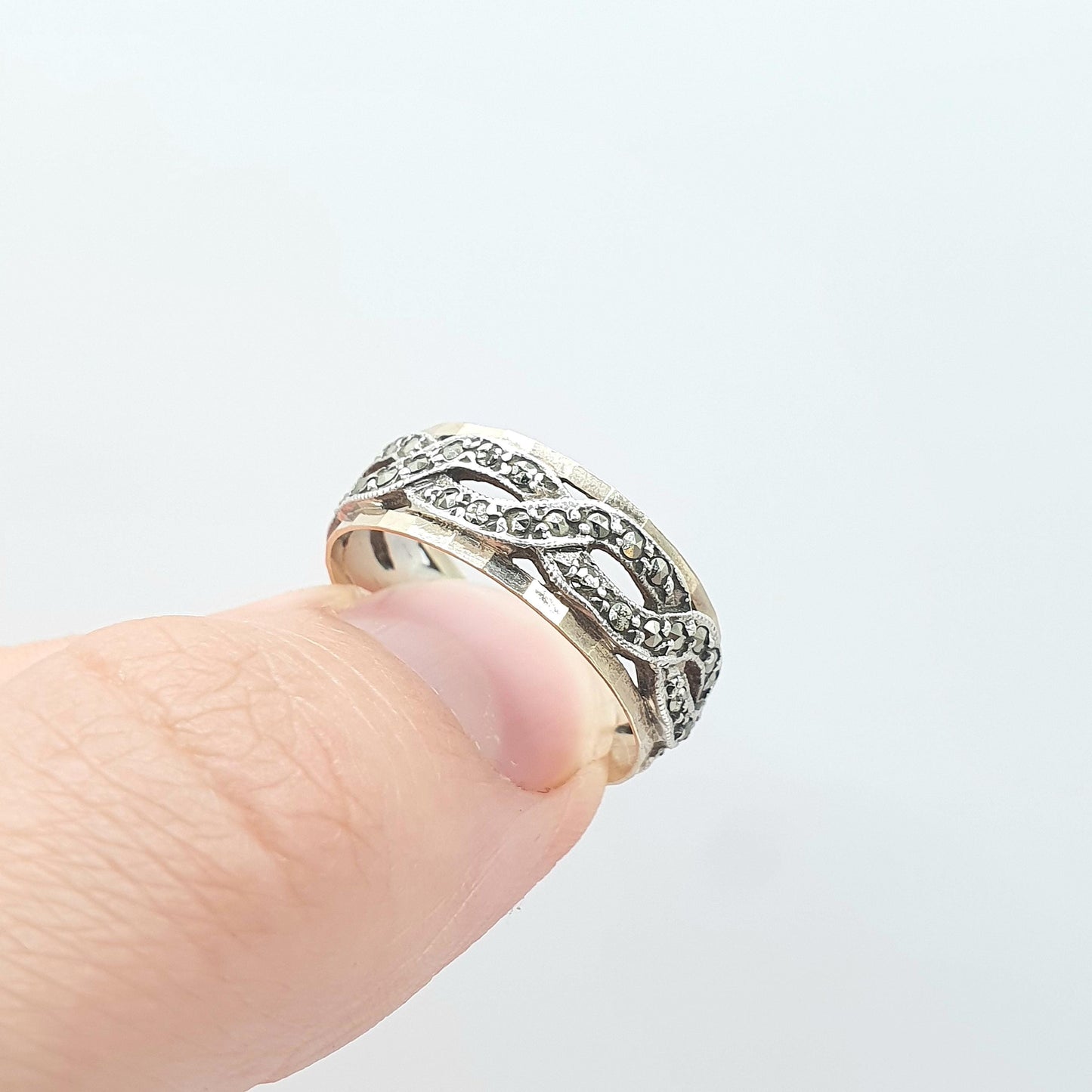 Antique 9ct Gold & Solid Silver Marcasite Eternity Ring Woven Rope Pattern Gift Love Womens Mens Jewellery Jewelry UK O.5  US 7.25