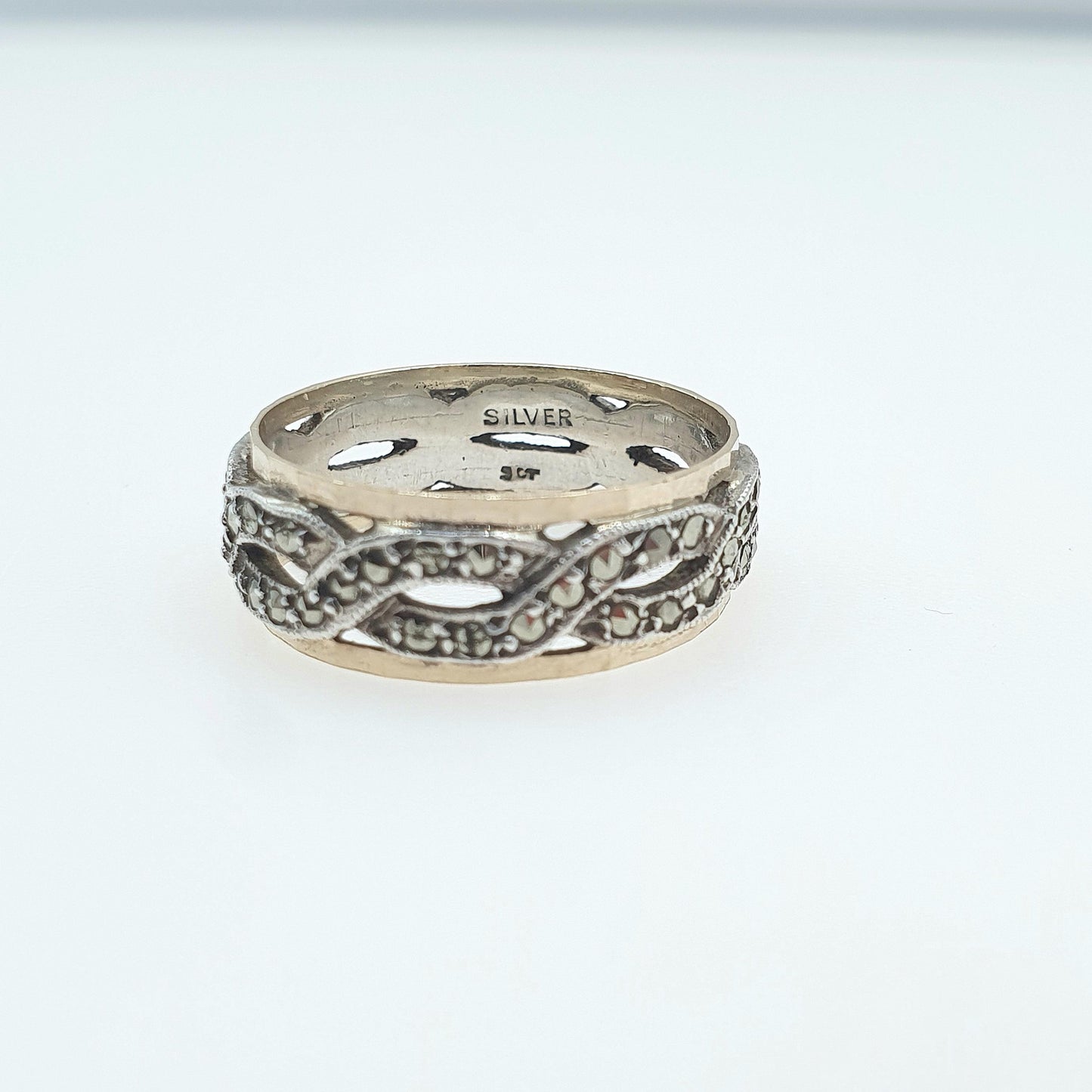 Antique 9ct Gold & Solid Silver Marcasite Eternity Ring Woven Rope Pattern Gift Love Womens Mens Jewellery Jewelry UK O.5  US 7.25