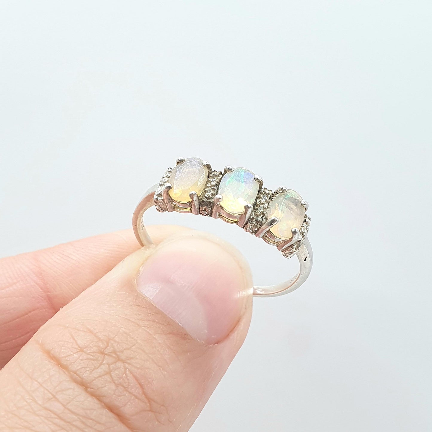 Vintage Sterling Silver Opal Ring Trilogy White Opals Triple Fire Womens Genuine Jewellery Jewelry UK U US 10