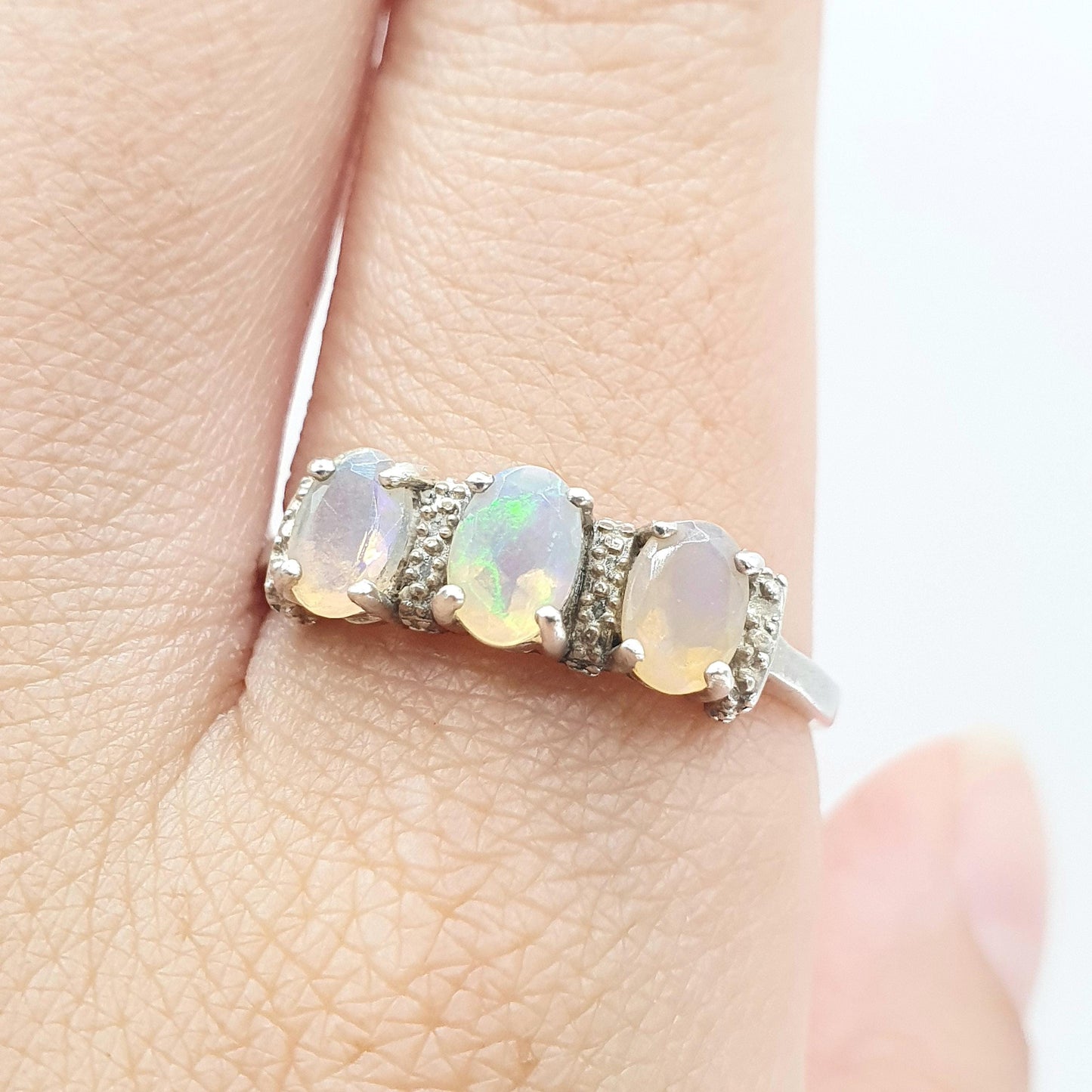 Vintage Sterling Silver Opal Ring Trilogy White Opals Triple Fire Womens Genuine Jewellery Jewelry UK U US 10