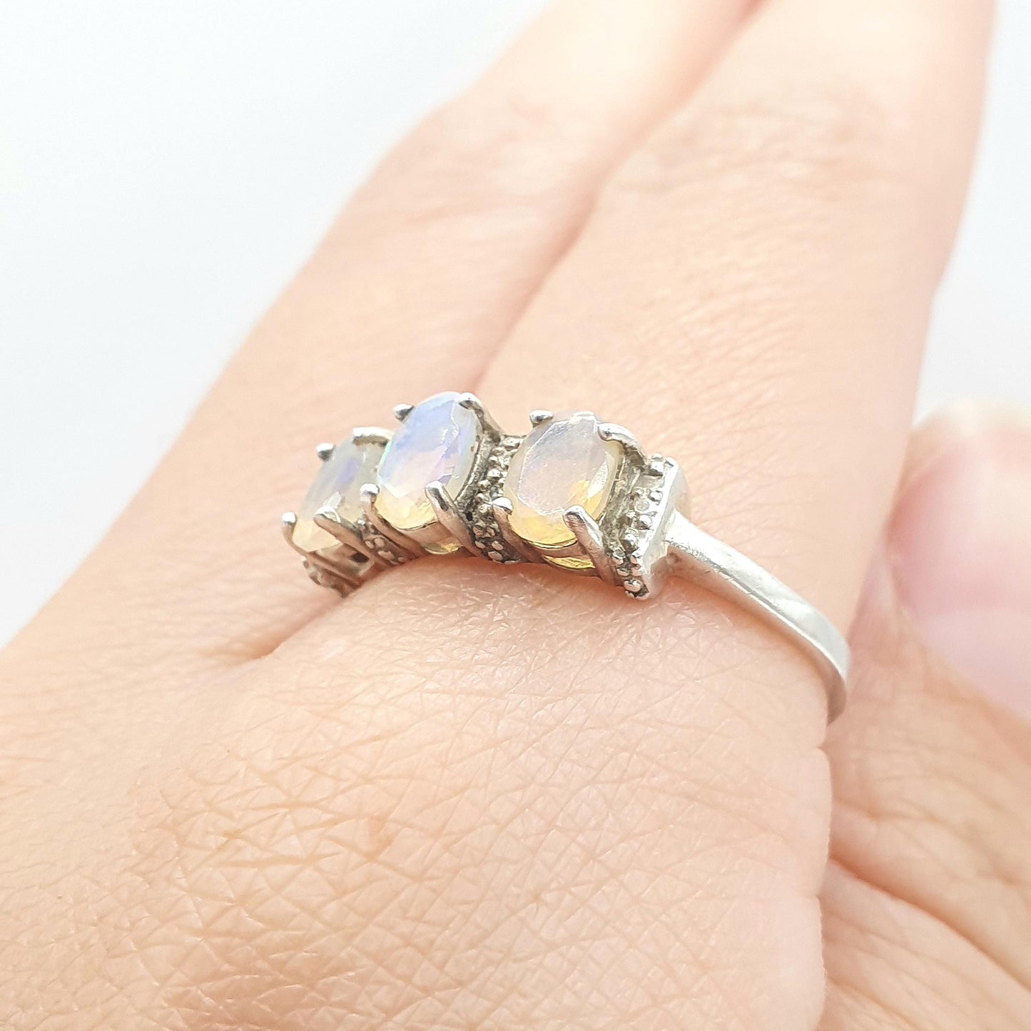 Vintage Sterling Silver Opal Ring Trilogy White Opals Triple Fire Womens Genuine Jewellery Jewelry UK U US 10