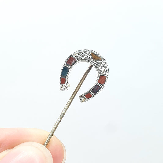 Antique Victorian Solid Silver Horseshoe Stick Pin Scottish Agate Jasper Lucky Good Luck Lapel Jacket Jewellery Jewelry Mens Womens