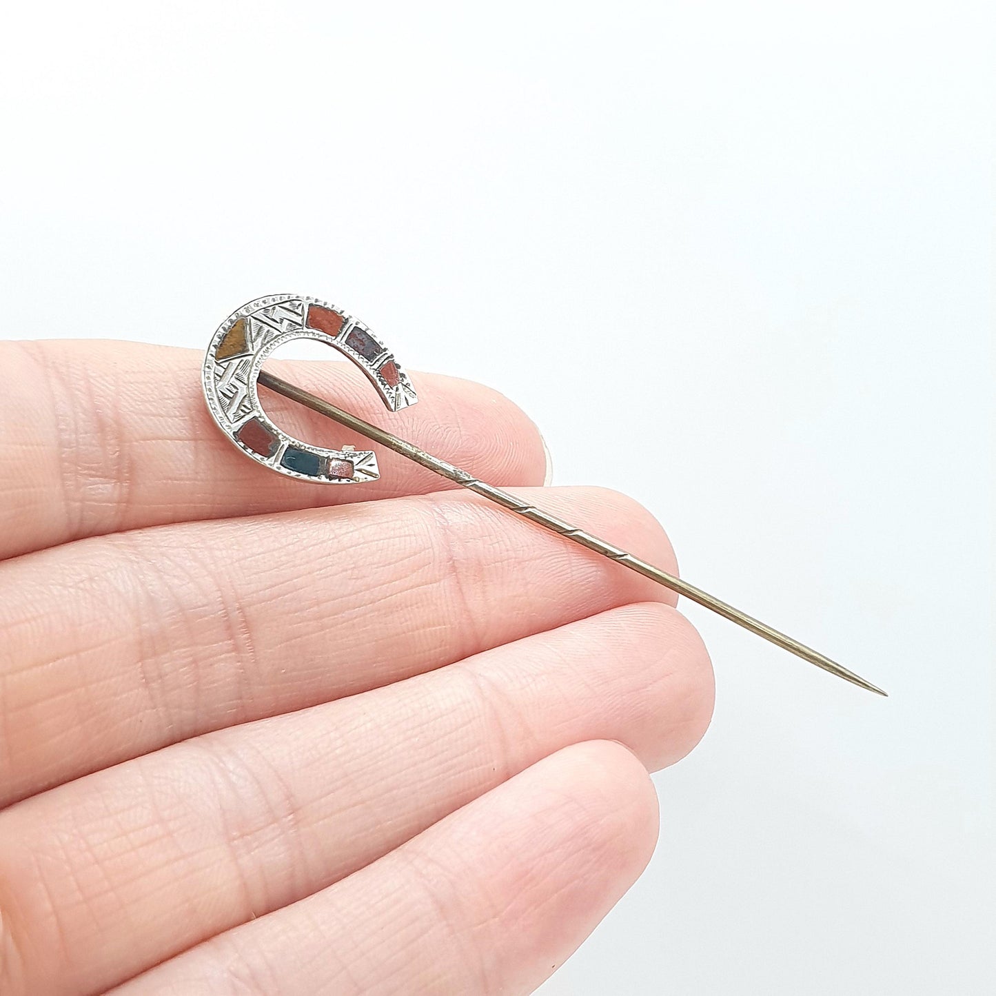 Antique Victorian Solid Silver Horseshoe Stick Pin Scottish Agate Jasper Lucky Good Luck Lapel Jacket Jewellery Jewelry Mens Womens