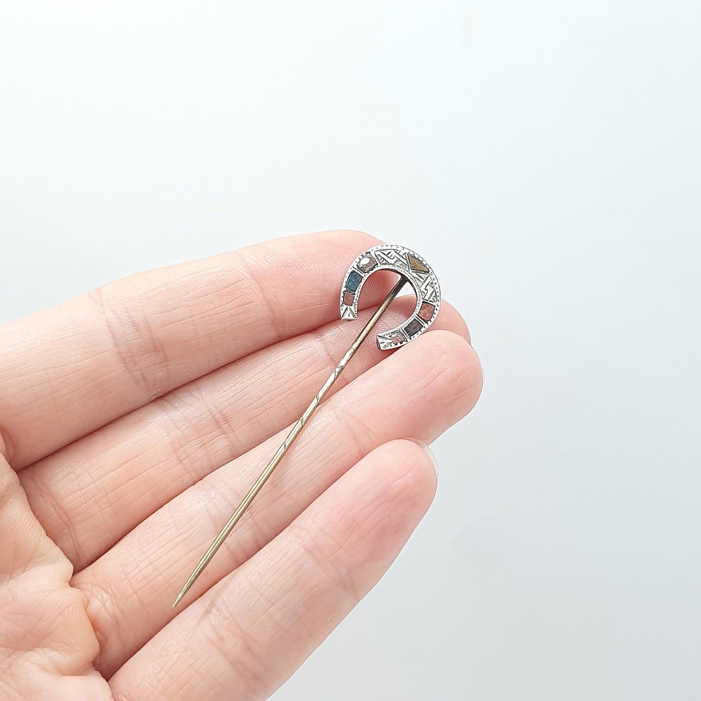 Antique Victorian Solid Silver Horseshoe Stick Pin Scottish Agate Jasper Lucky Good Luck Lapel Jacket Jewellery Jewelry Mens Womens