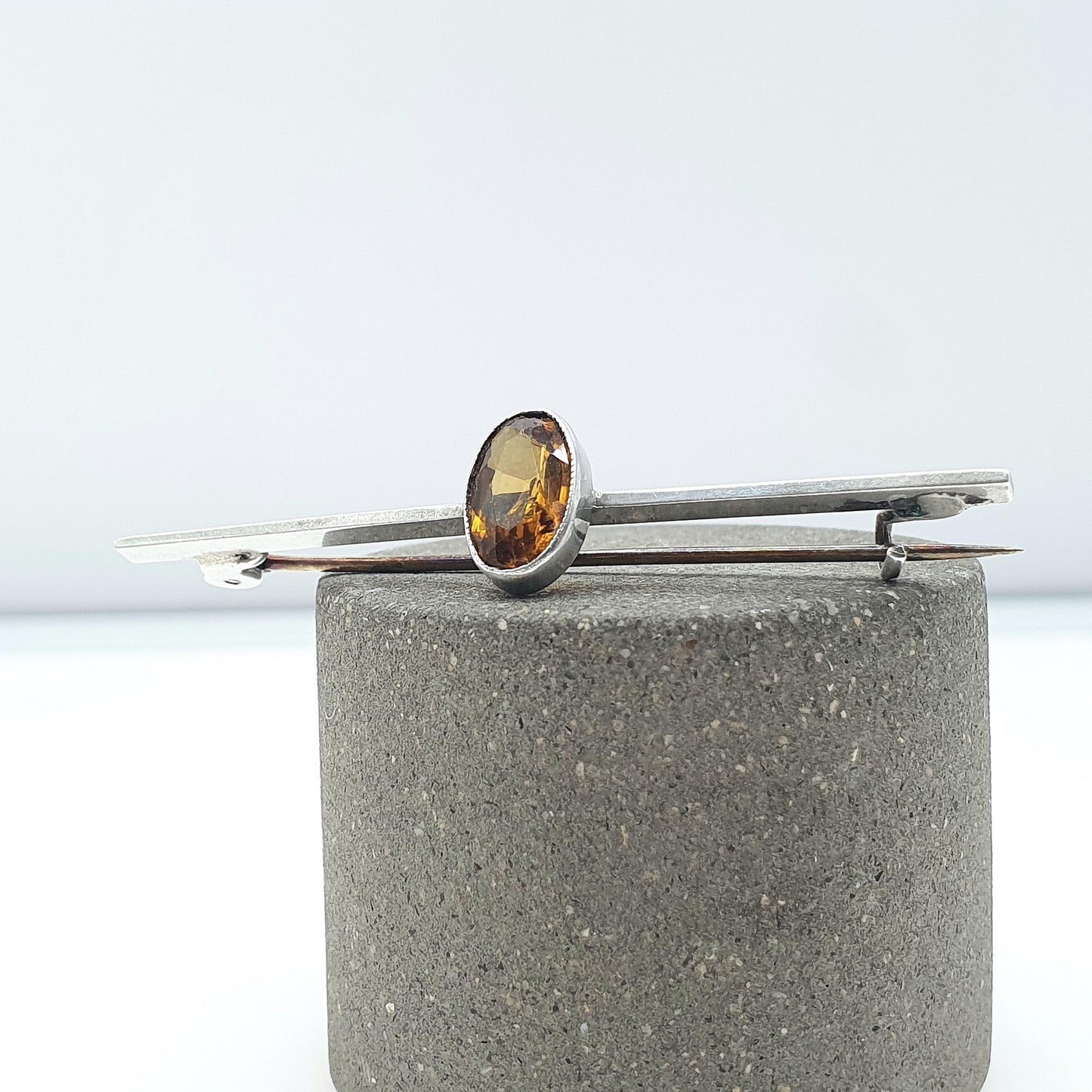 Antique CHARLES HORNER Sterling Silver Natural Citrine Brooch Bar Pin Quartz Oval Cut Vintage Jewellery Gemstone