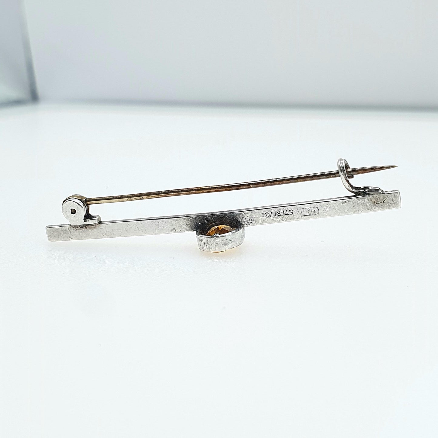 Antique CHARLES HORNER Sterling Silver Natural Citrine Brooch Bar Pin Quartz Oval Cut Vintage Jewellery Gemstone
