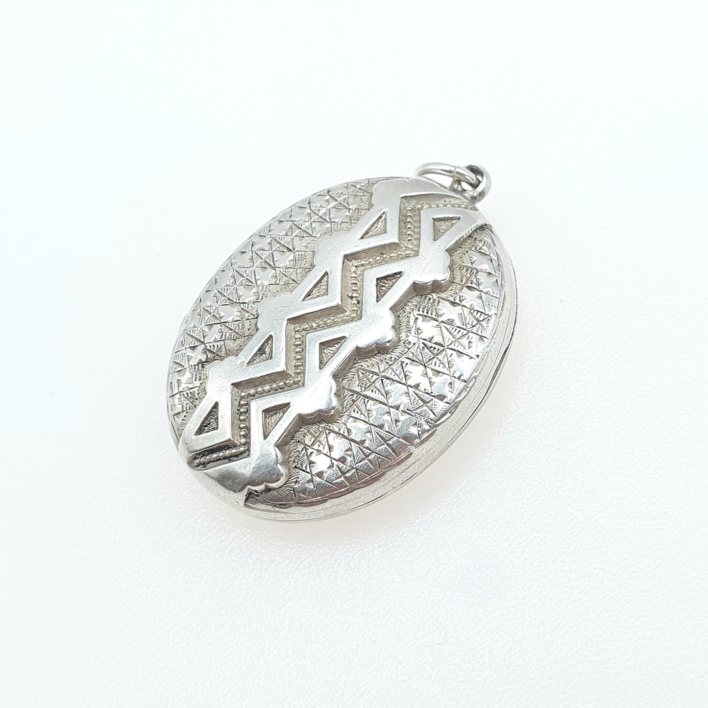 Antique Victorian Sterling Silver Locket Geometric Zig Zag Pattern 1882 Hallmark Oval Photo Picture Vintage Womens Jewelry Jewellery