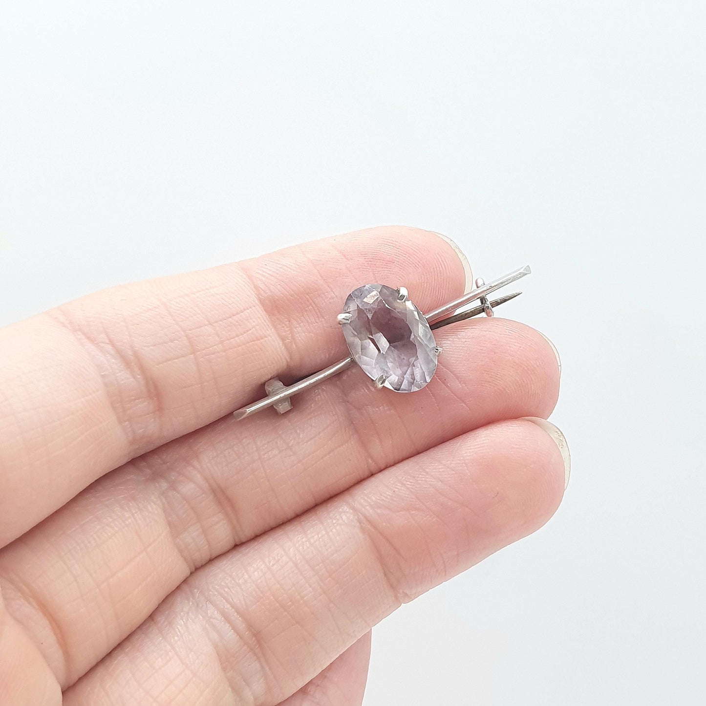 Antique Solid Silver Natural Amethyst Brooch Oval Cut Large Purple Gemstone Vintage Womens Jewelry Jewellery