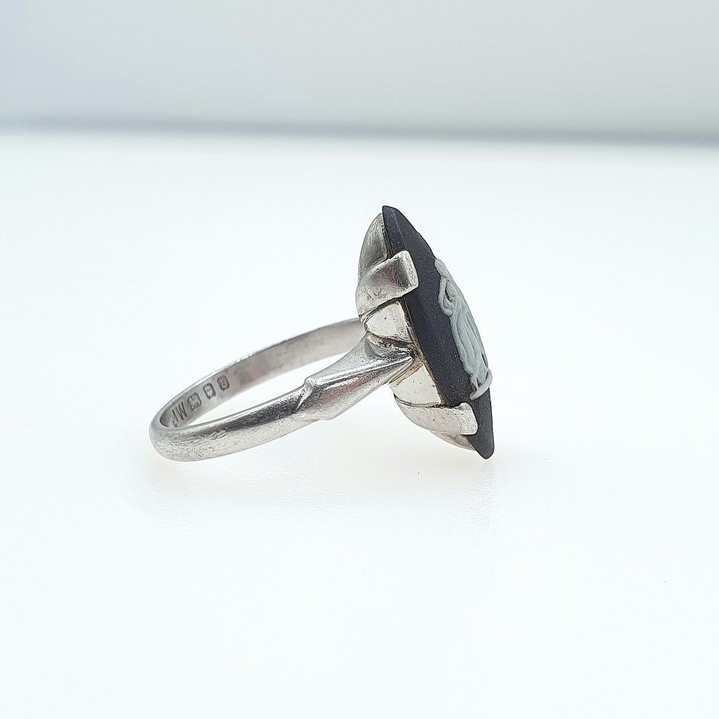 Vintage Sterling Silver Black Wedgwood Ring Jasperware Signet Women Solid 925 Retro Jewellery Jewelry UK L US 5.75