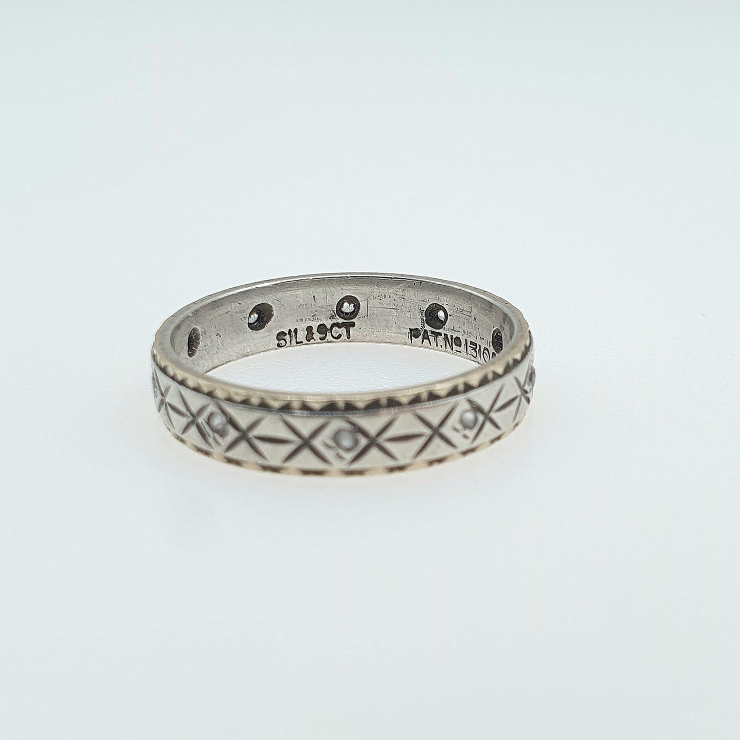 Antique 9ct Gold & Solid Silver White Spinel Eternity Ring X Pattern Vintage Womens Unisex Jewelry Jewellery UK N.5 US 7