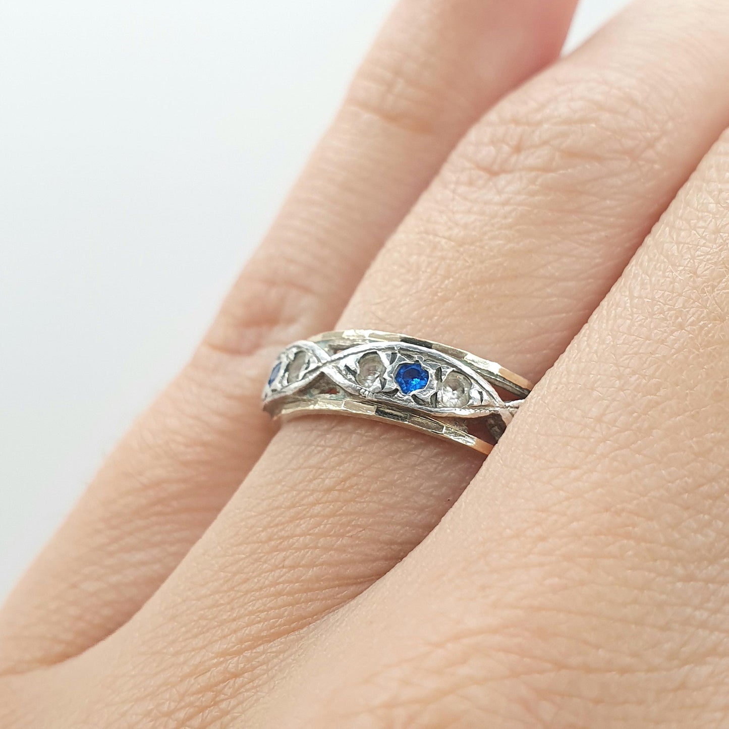 Antique 9ct Gold & Solid Silver Eternity Ring Blue and White Spinel Vintage Womens Art Deco 1920s Jewelry Jewellery UK L.5 US 6