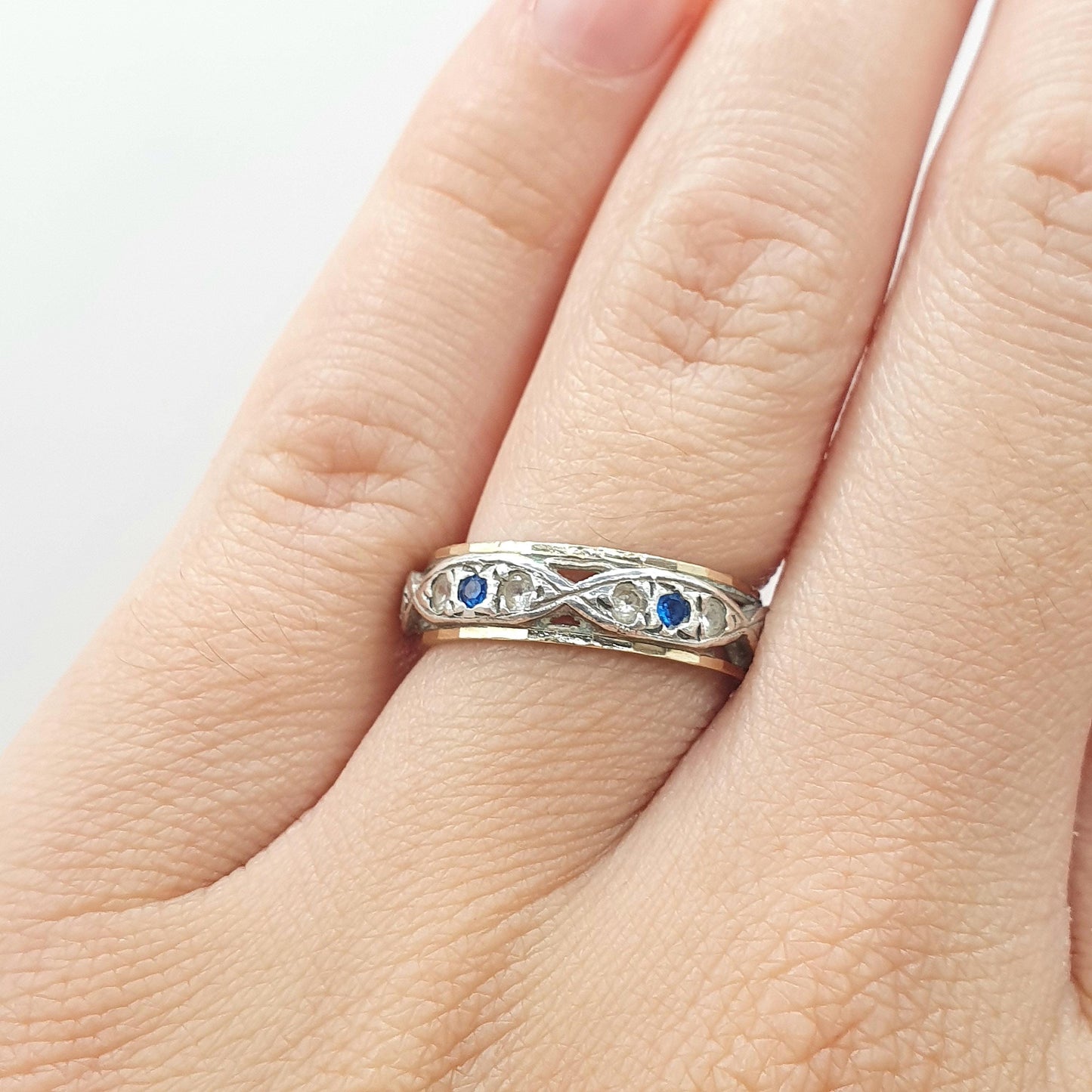 Antique 9ct Gold & Solid Silver Eternity Ring Blue and White Spinel Vintage Womens Art Deco 1920s Jewelry Jewellery UK L.5 US 6