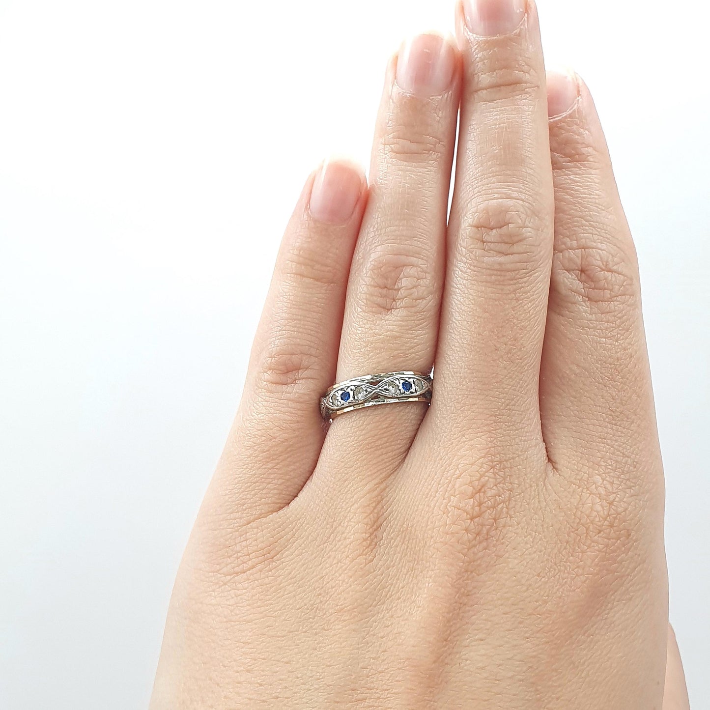 Antique 9ct Gold & Solid Silver Eternity Ring Blue and White Spinel Vintage Womens Art Deco 1920s Jewelry Jewellery UK L.5 US 6