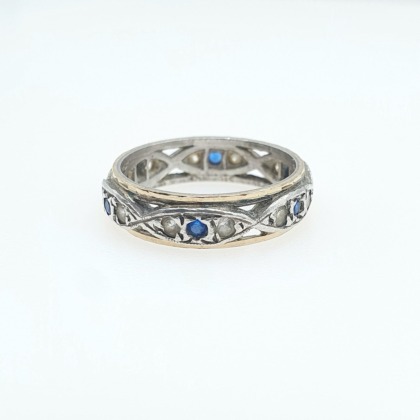 Antique 9ct Gold & Solid Silver Eternity Ring Blue and White Spinel Vintage Womens Art Deco 1920s Jewelry Jewellery UK L.5 US 6