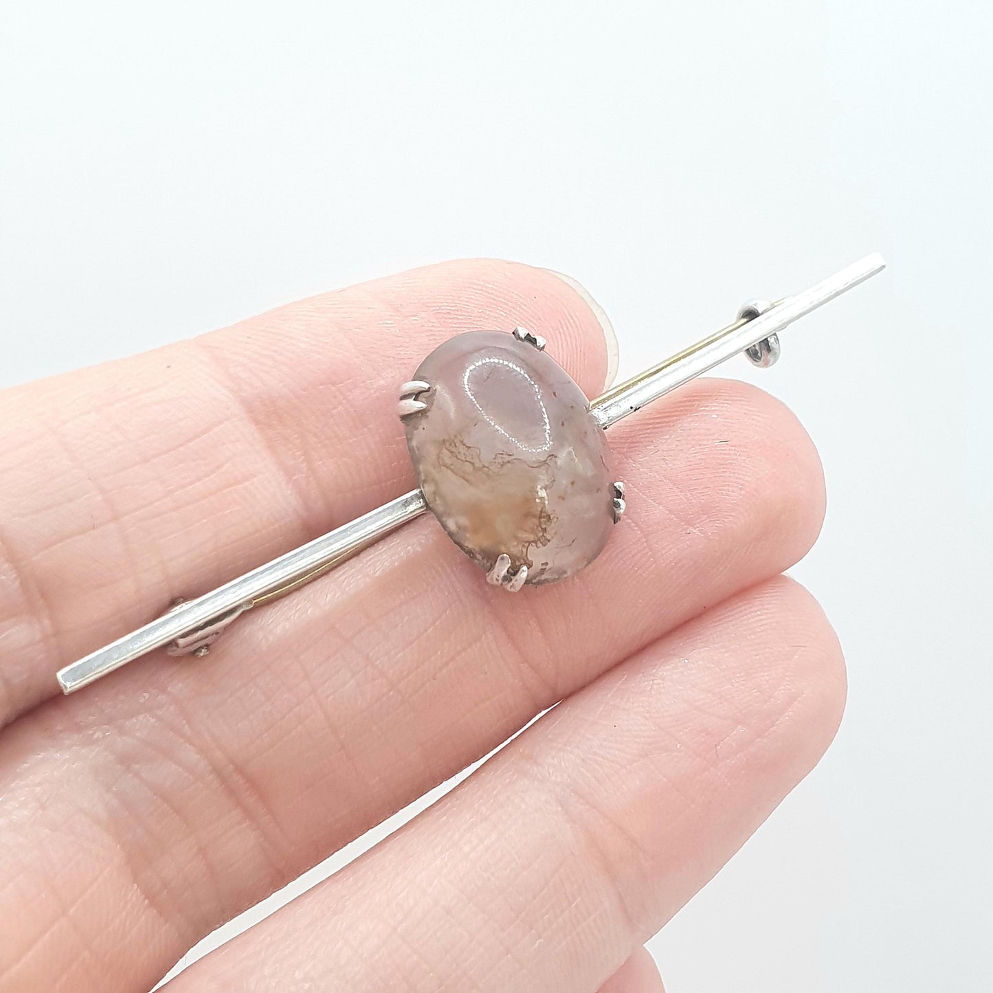 Antique Solid Silver Moss Agate Brooch Pin Veined Quartz Gemstone Oval Cabochon Ladies Vintage Womens Jewelry Jewellery
