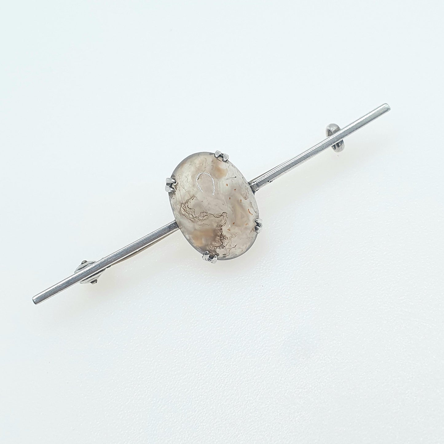 Antique Solid Silver Moss Agate Brooch Pin Veined Quartz Gemstone Oval Cabochon Ladies Vintage Womens Jewelry Jewellery