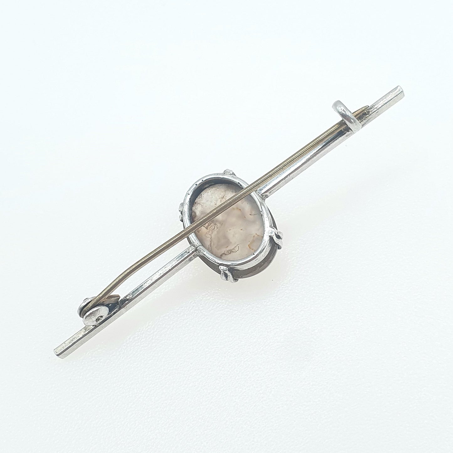Antique Solid Silver Moss Agate Brooch Pin Veined Quartz Gemstone Oval Cabochon Ladies Vintage Womens Jewelry Jewellery