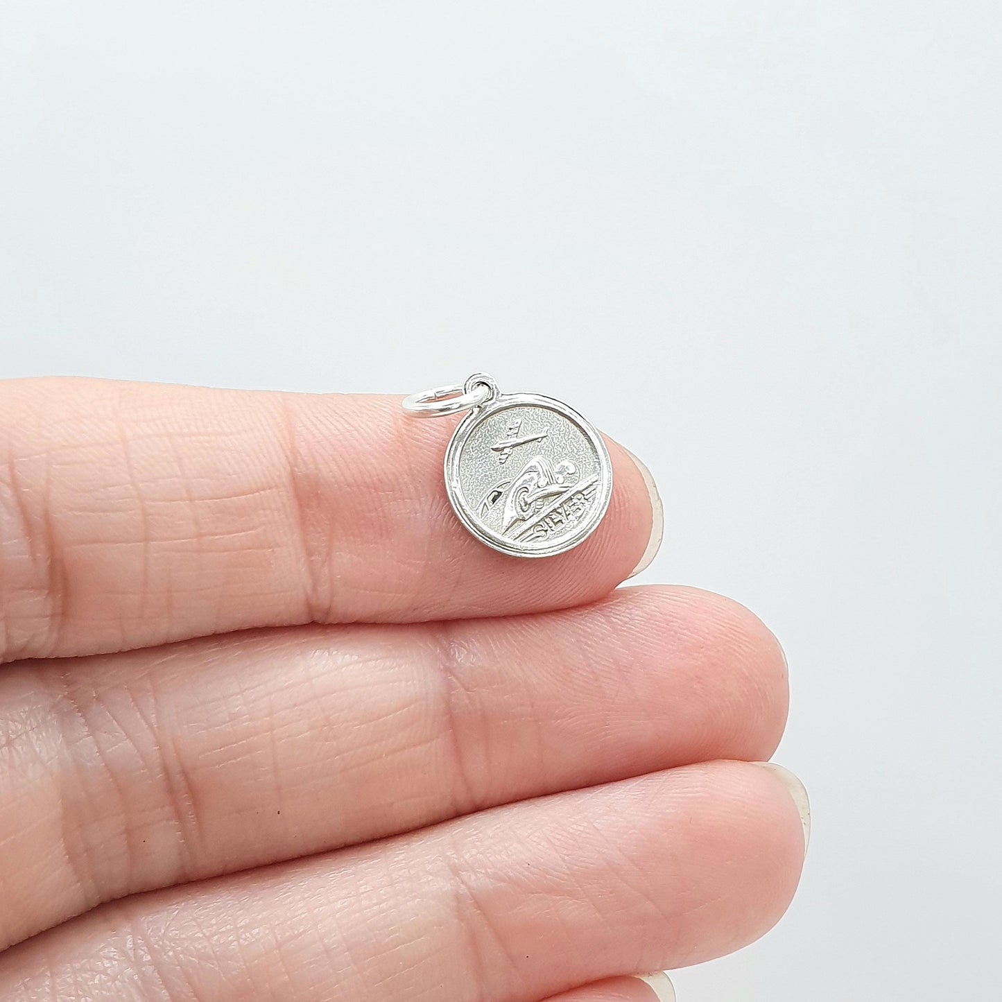 Vintage Sterling Silver Tiny St Christopher Pendant Double Sided Small Charm Plane Car Necklace Womens Mens Jewellery Jewelry