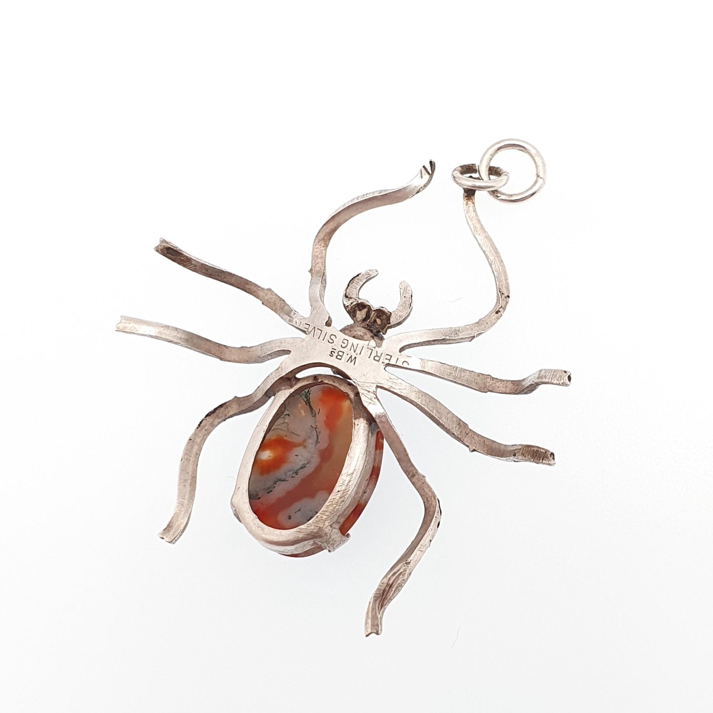 Antique Sterling Silver Spider Pendant Moss Agate Necklace Diamond Paste Large Big Arachnid Vintage Jewelry Jewellery