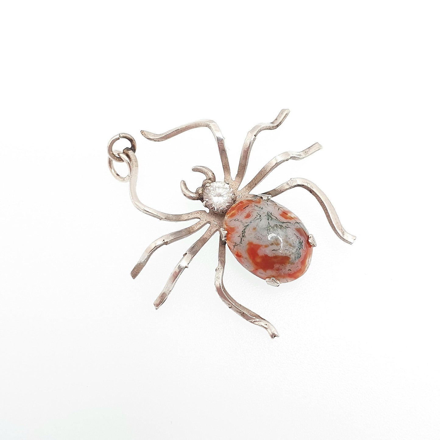 Antique Sterling Silver Spider Pendant Moss Agate Necklace Diamond Paste Large Big Arachnid Vintage Jewelry Jewellery
