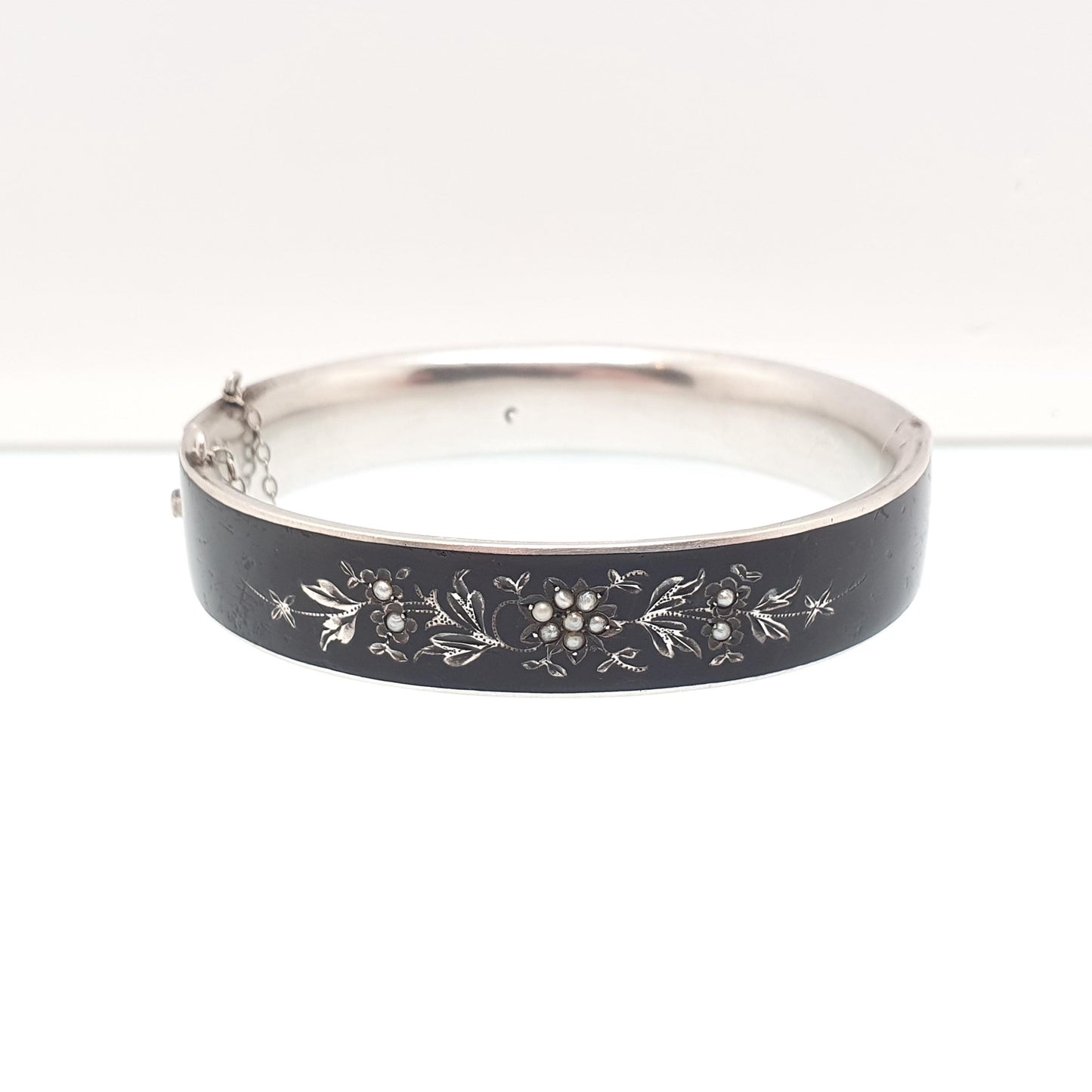 Antique Solid Silver Black Enamel Bangle Seed Pearl Bracelet Mourning Snap Vintage Jewellery Jewelry