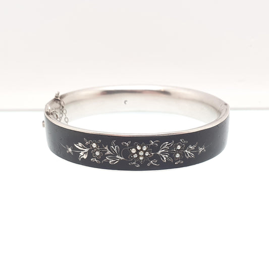 Antique Solid Silver Black Enamel Bangle Seed Pearl Bracelet Mourning Snap Vintage Jewellery Jewelry