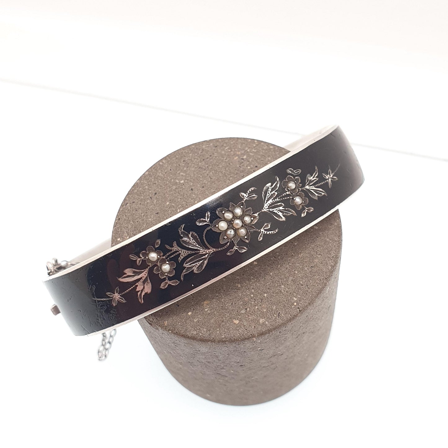 Antique Solid Silver Black Enamel Bangle Seed Pearl Bracelet Mourning Snap Vintage Jewellery Jewelry