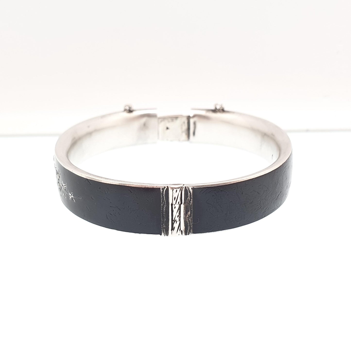 Antique Solid Silver Black Enamel Bangle Seed Pearl Bracelet Mourning Snap Vintage Jewellery Jewelry
