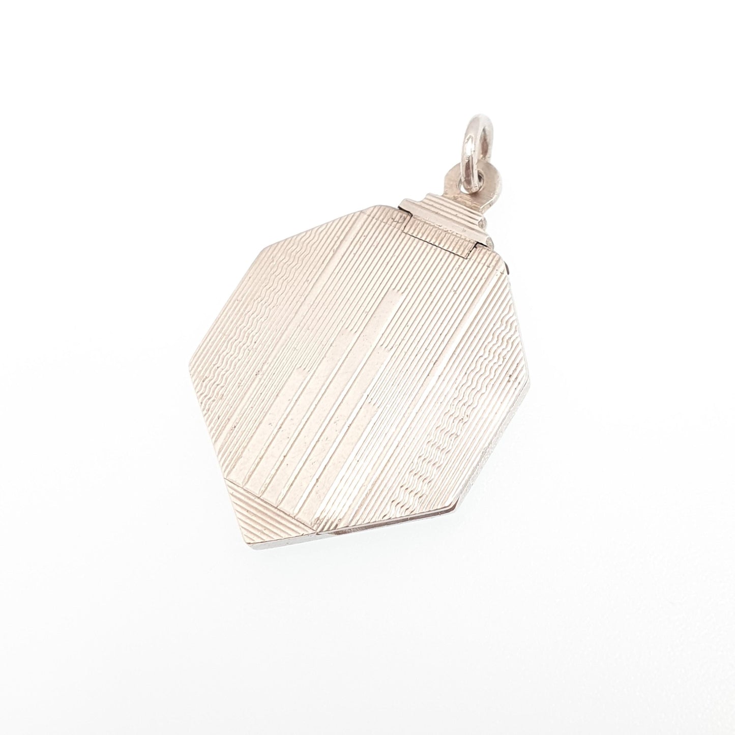 Antique Sterling Silver Locket Art Deco Heptagon Shape Geometric Pattern Necklace Pendant 1920s Picture Photo Jewelry Vintage Jewellery