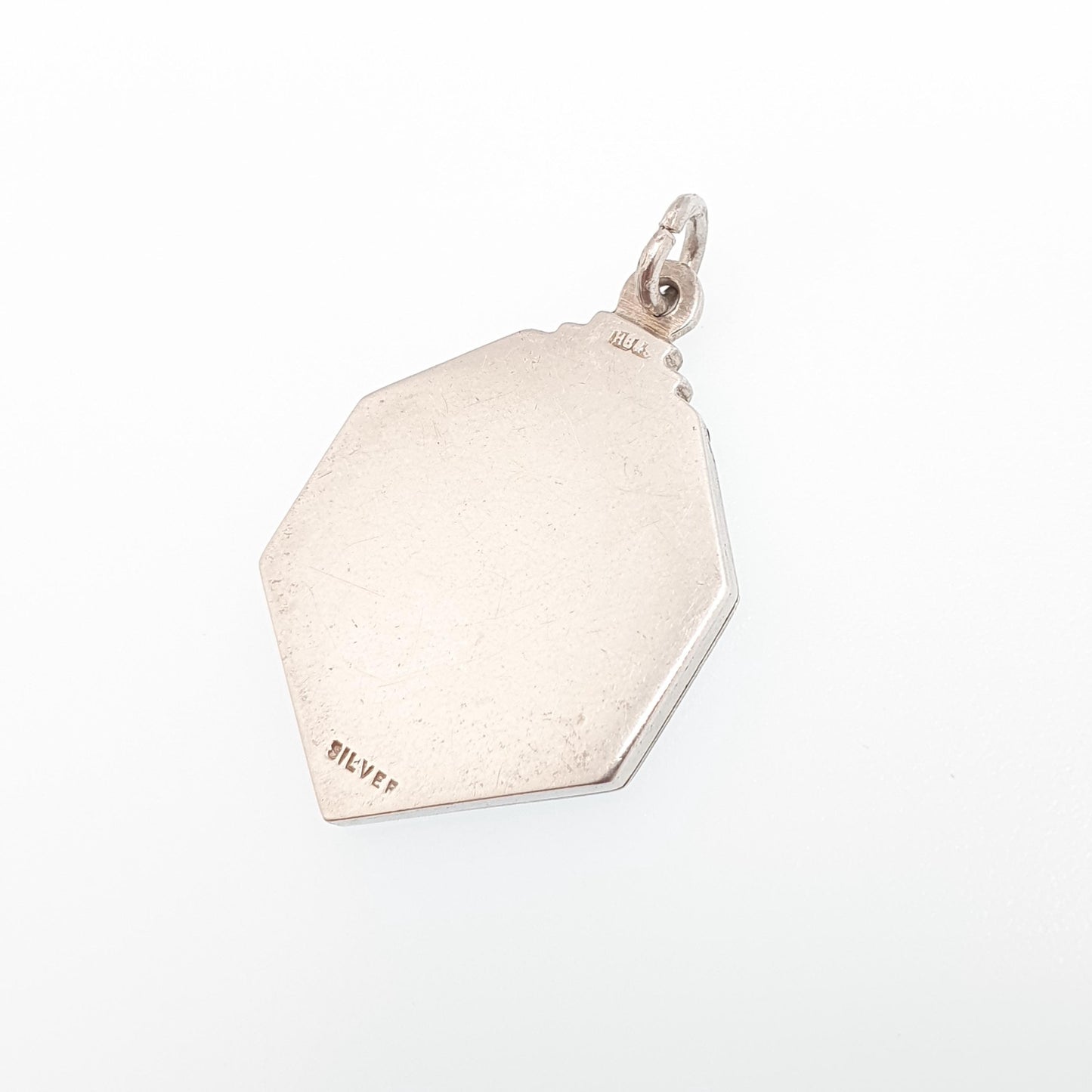 Antique Sterling Silver Locket Art Deco Heptagon Shape Geometric Pattern Necklace Pendant 1920s Picture Photo Jewelry Vintage Jewellery